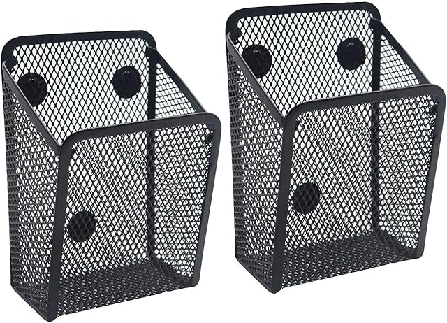 Spring.Rd 2 Pack Magnetic Pencil Holder, Mesh Pen Holder Magnetic Hanging Storage Black Wire Basket for Refrigerator, Desk Whiteboard, Locker Accessories, Office Supply Organizer (Black)