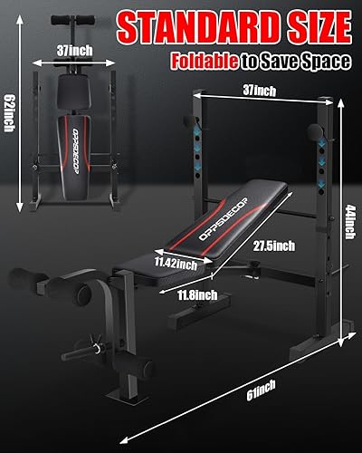 Miniatura 5 de OPPSDECOR Juego de banco de pesas estándar con estante para sentadillas, juego de prensa de banco ajustable de 600 libras con extensión de piernas y