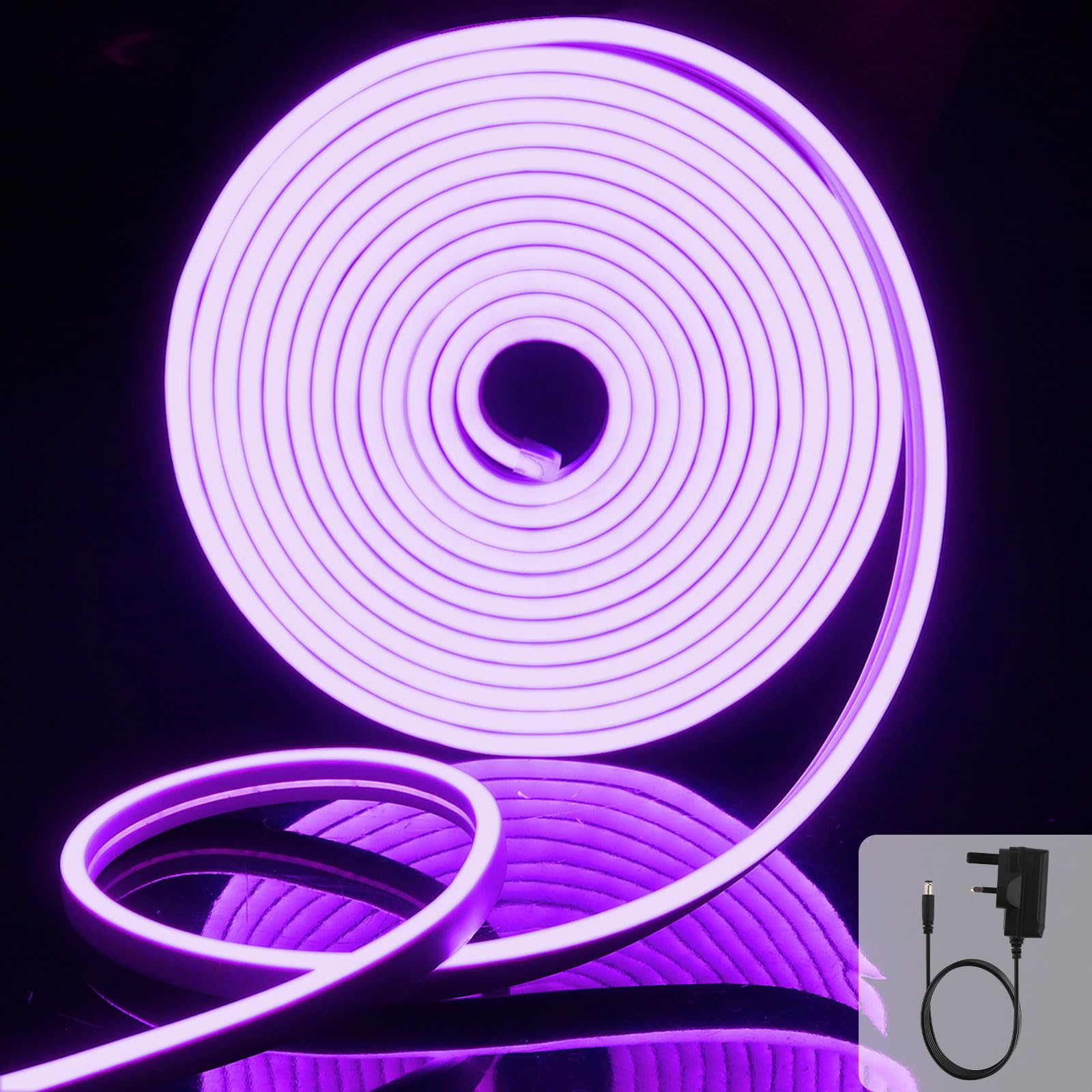 EXTRASTAR Neon Led Strip Light 5M 12V with Power Adapter,IP65 Neon Led Rope Light Cuttable 8.5W/M, Purple Light