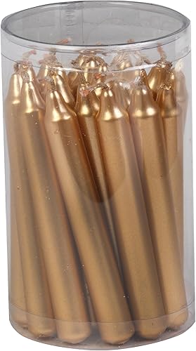 Biedermann & Sons Velas metálicas doradas, caja de 20 unidades, 4 pulgadas de alto 0.5 pulgadas de diámetro, cera de parafina sin goteo, 2 horas de