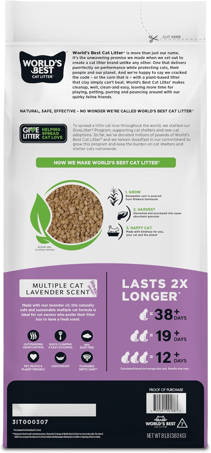 Lavender Scented Cat Litter 8-lbs Natural Quick Clump Flushable Dust-Free USA-Made Odor Control