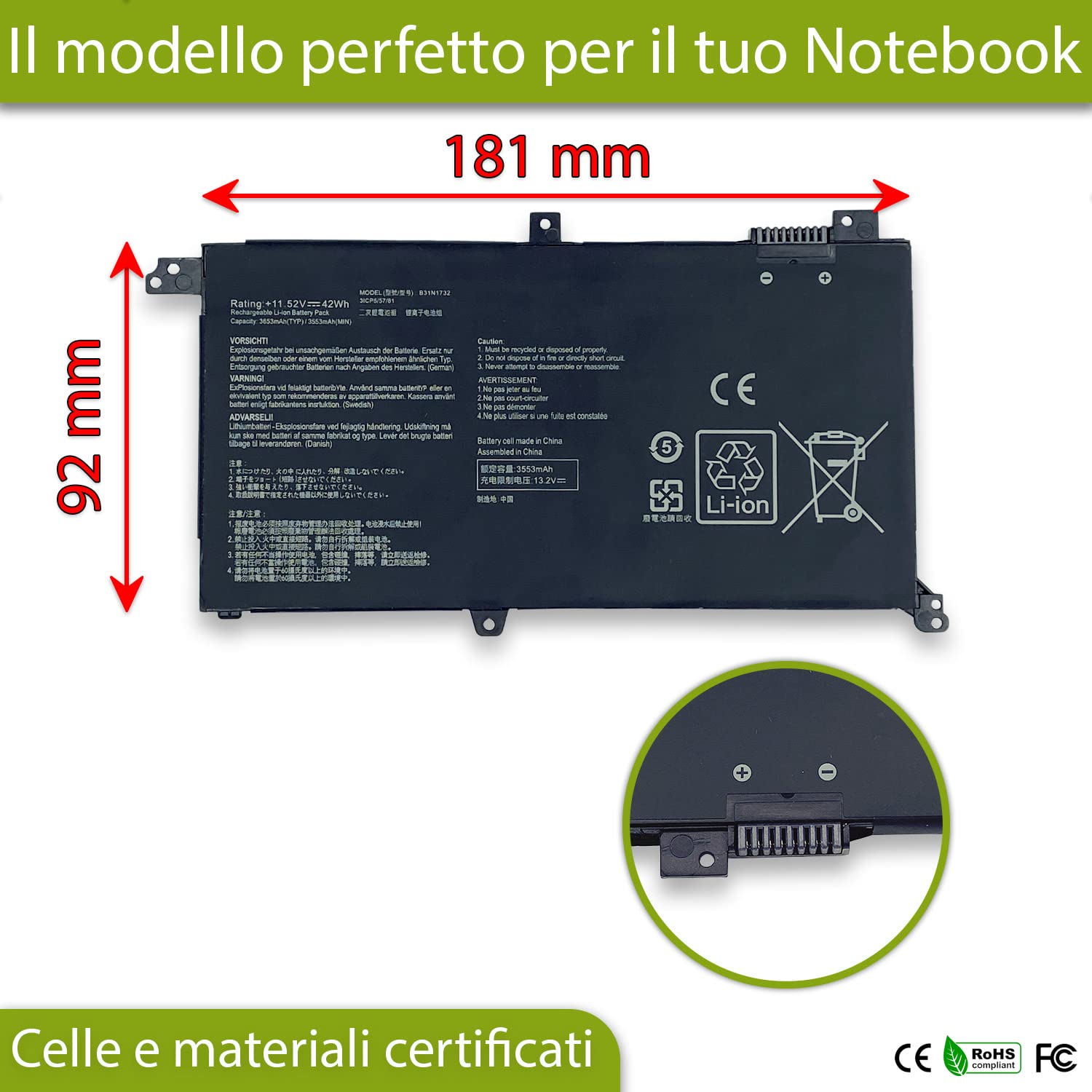 B31N1732 Batteria compatibile con Asus VivoBook X430FN X430UF A571GT F571L F571GT FX571GD FX571LH RX571LH RX571GT S430FA S430FN X571G X571LI X571LH [Celle Alta qualità - 11.52V - 3653mAh]