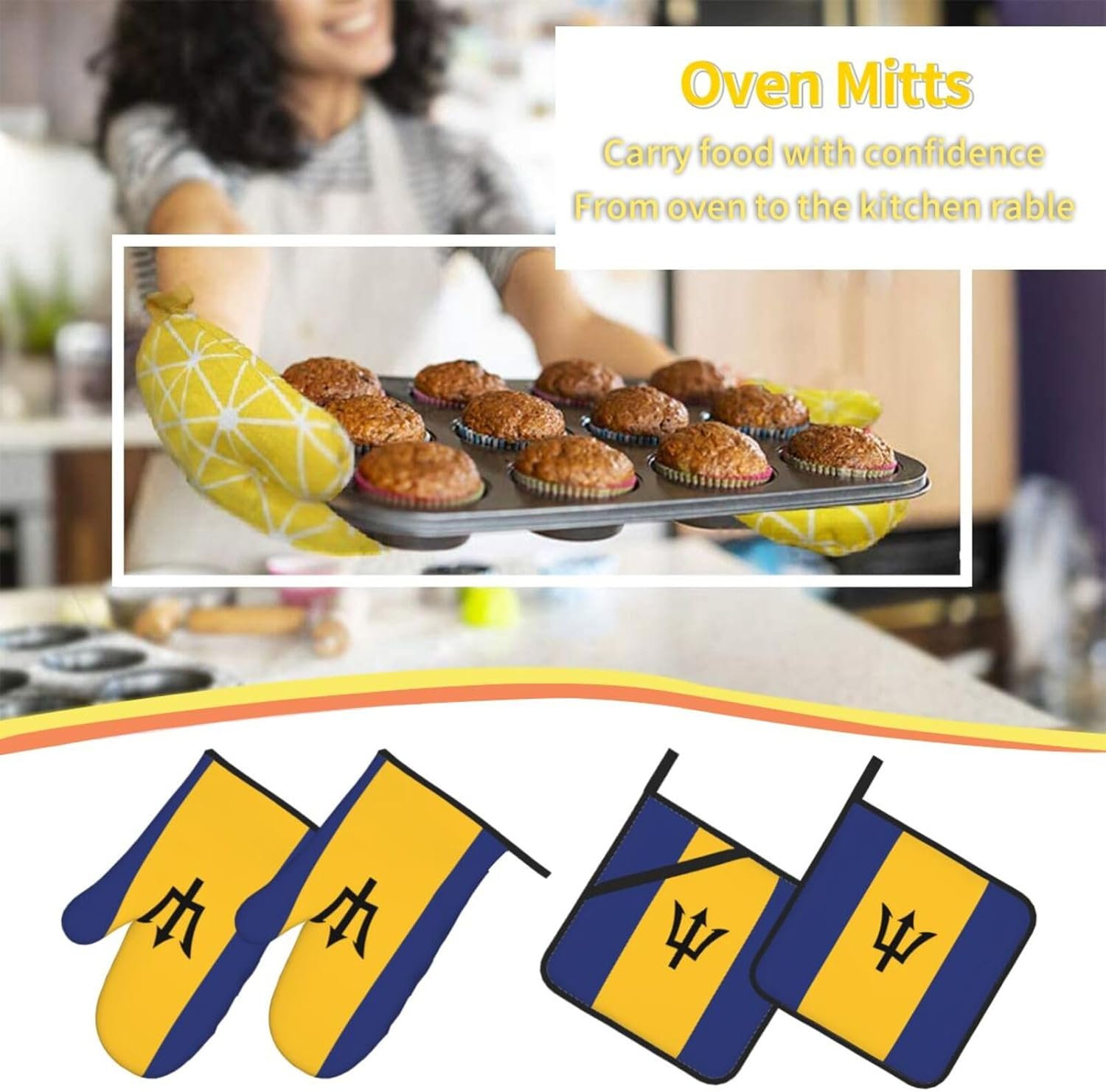 Flag of Barbados Oven gloves and heat-resistant mat 4-piece set. Suitable for grilling, microwave oven frying, and baking
