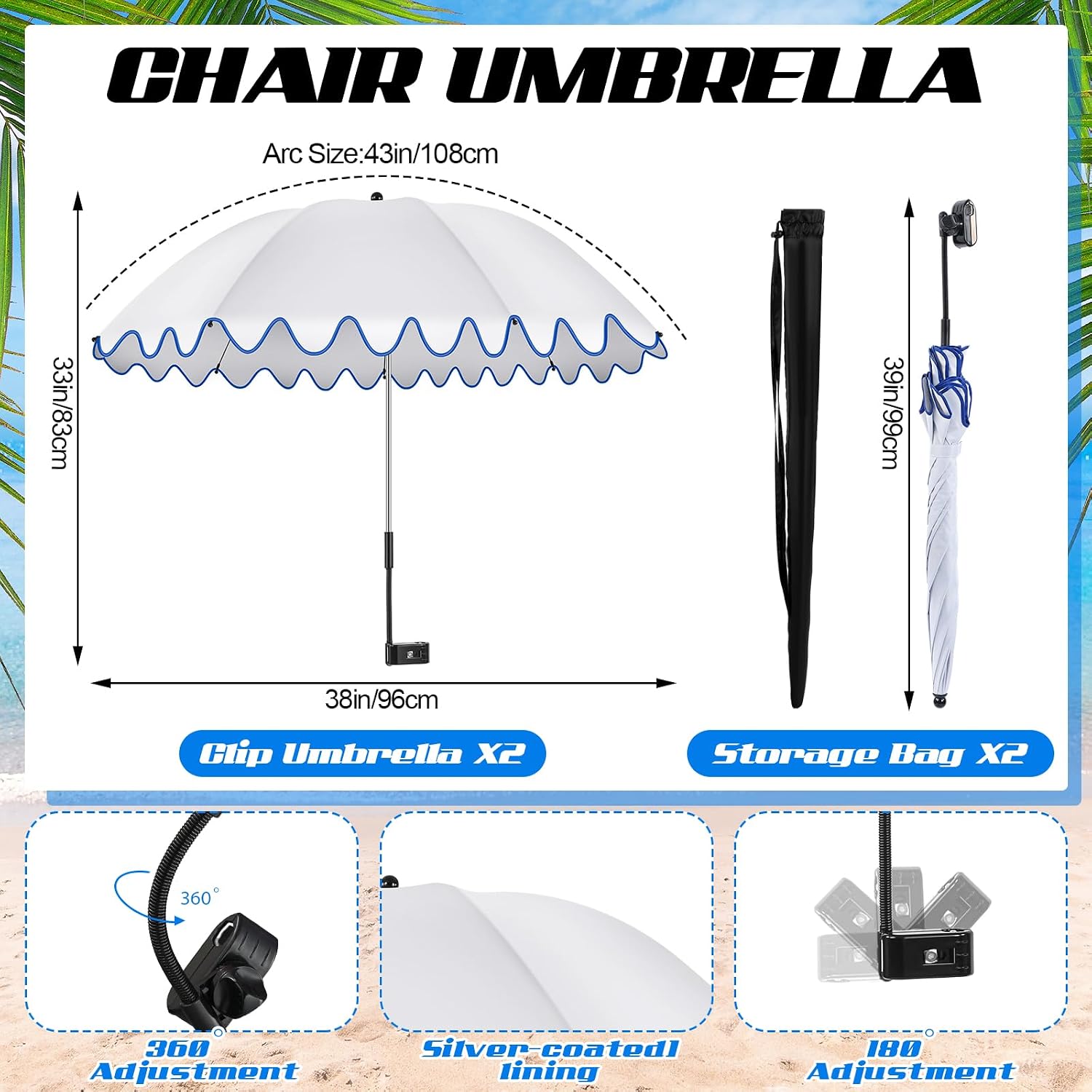 Abbylike 2 Pcs Scalloped Chair Umbrella with Universal Adjustable Clamp 38'' Portable Wheelchair Umbrella UPF 50+ Camping Chair Parasol with Bag for Outdoor Patio Lawn image 2