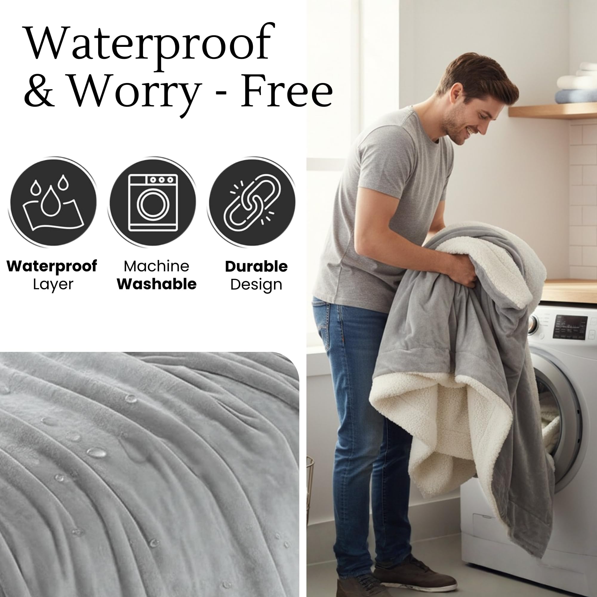 CREW FLX Waterproof Blanket for Bed Intimacy (80"x 60" Queen Size) Reversible Fleece | Sherpa, Love Blanket, Water Proof TPU Stain Proof Couch Furniture Mattress Winter Large Dog Bed Cover - Gray: Gray Sherpa Fleece 80 x 60 inch