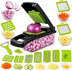 Cortador de Legumes Multifuncional 16 em 1 - Fatiador Ralador com Lâminas em Aço Inox Picador de Frutas e Vegetais com Recipiente para Cozinha Profissional Mandoline Premium- Cesto Removivel