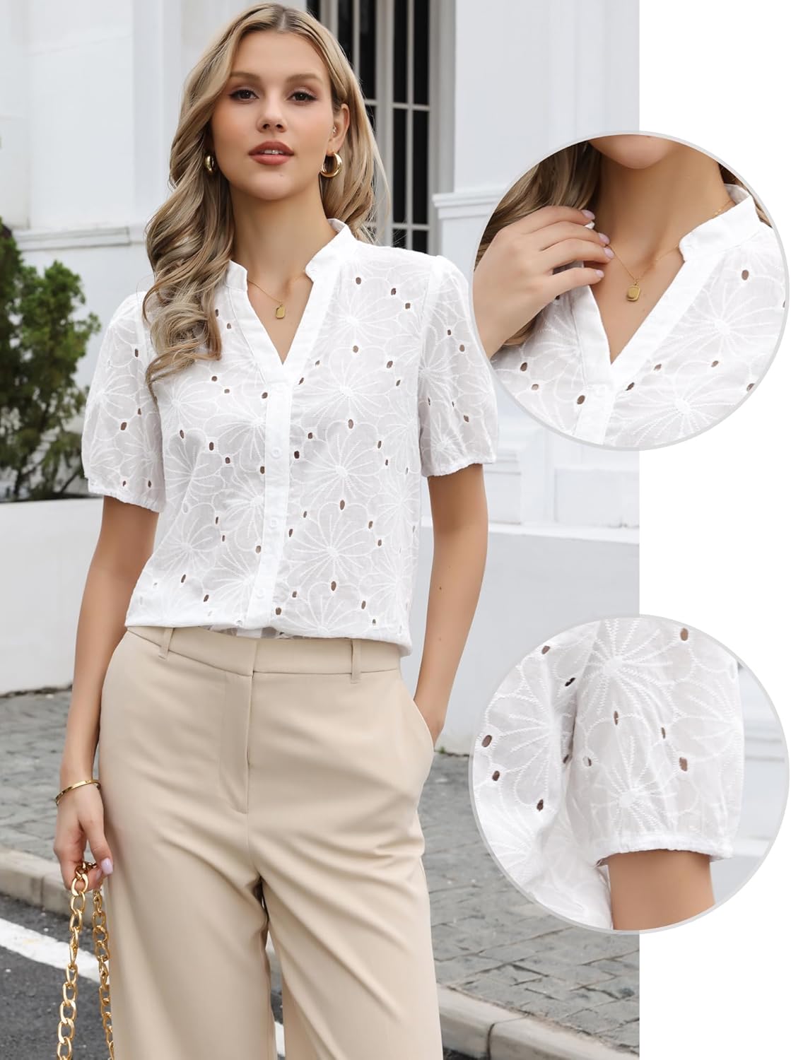 Allegra K Short Sleeve Summer Tops for Women Casual V Neck Hollow Out Eyelet Top Shirts - Image 4