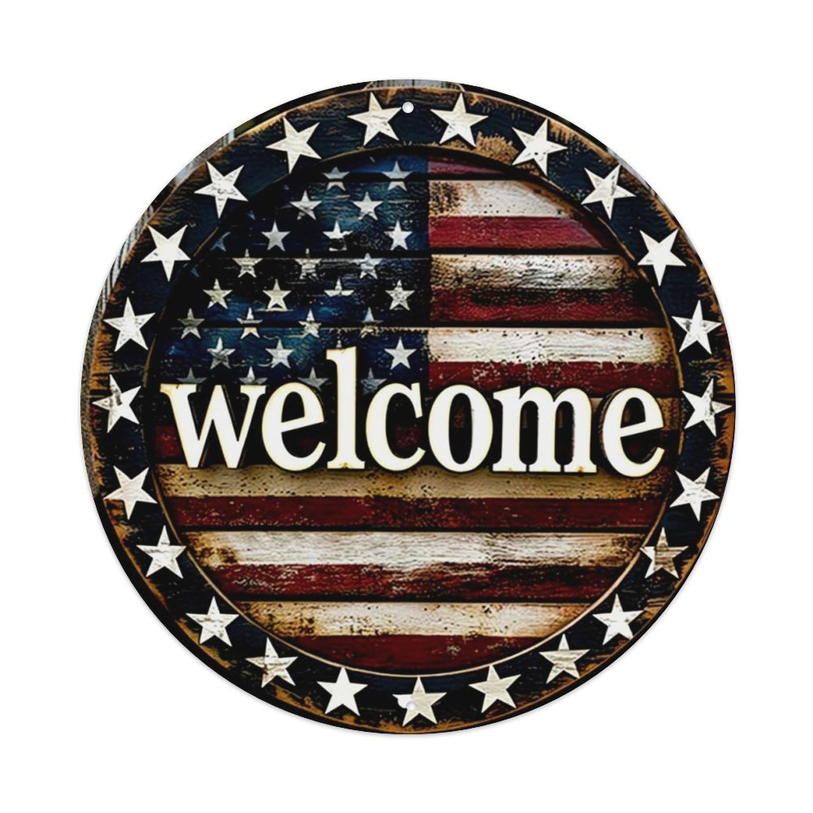 American Flag Stars Stripes Welcome Vintage Round Tin Sign Retro Metal Wall Decor Metal Poster, Home Bar Garage Cafe Wall Art Decoration 8x8Inches
