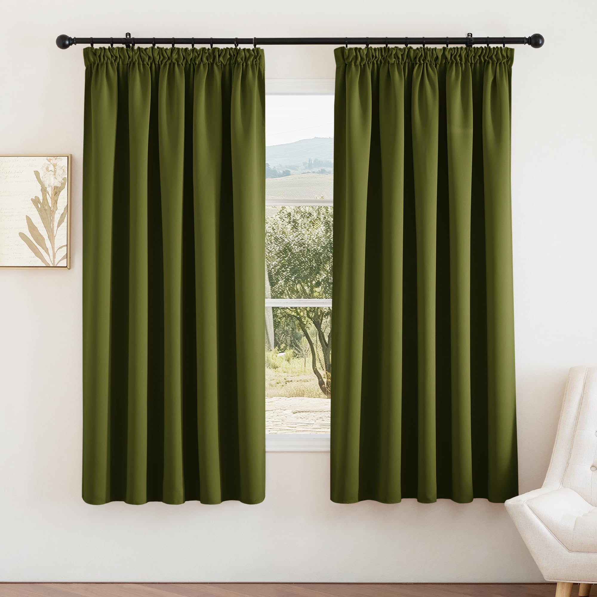 Pony Dance Olive Pencil Pleat Curtains For Home Decoration - Thermal Blackout Curtain With Hooks For Living Room Solid Drapes Draperies For Thermal Insulated, W66 X L72,