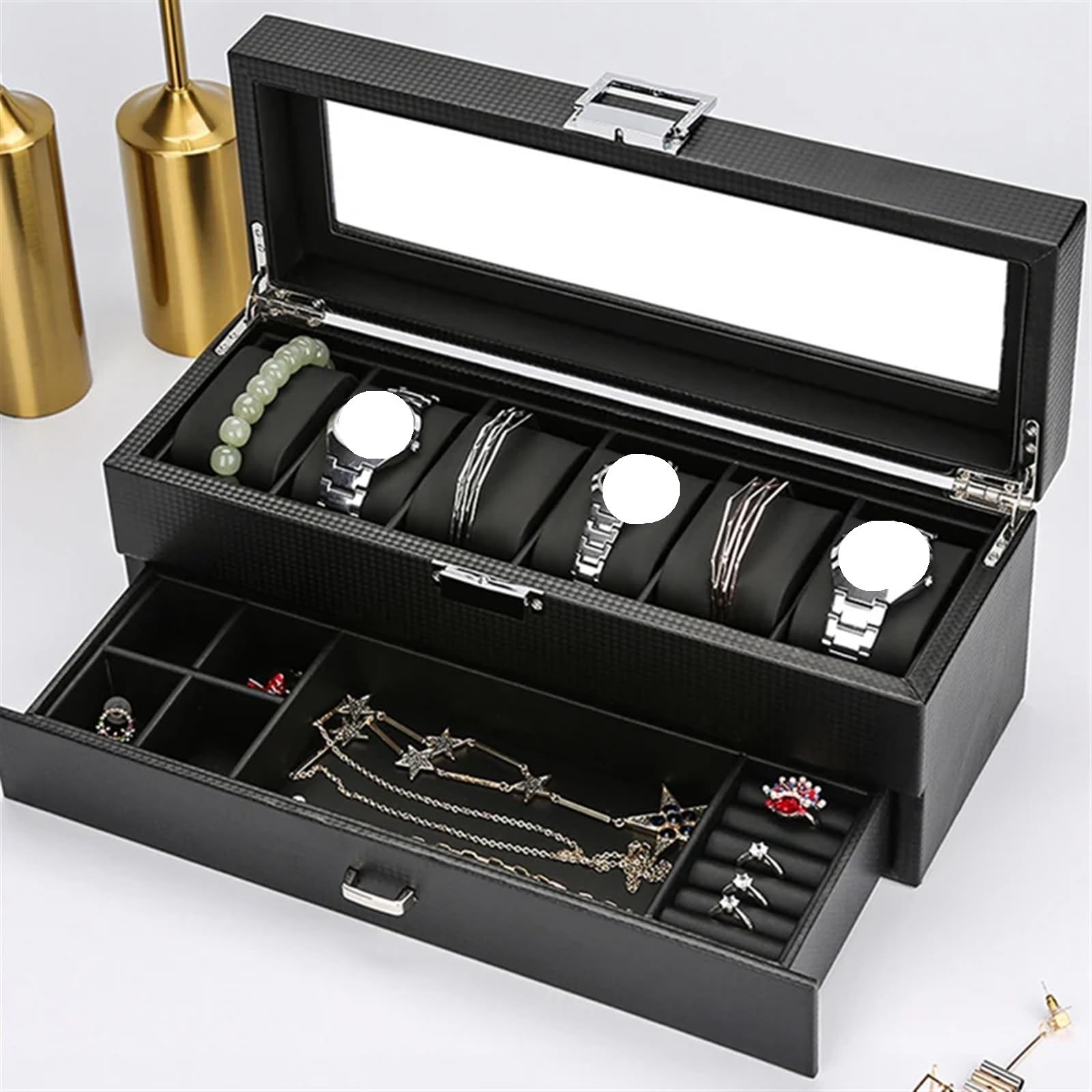 Caja de exhibición de Relojes, Caja de Madera para Relojes, cajón, Organizador con Tapa Transparente, para Guardar aretes, Joyas, Collares, Regalos, Vitrina para Guardar Relojes ()