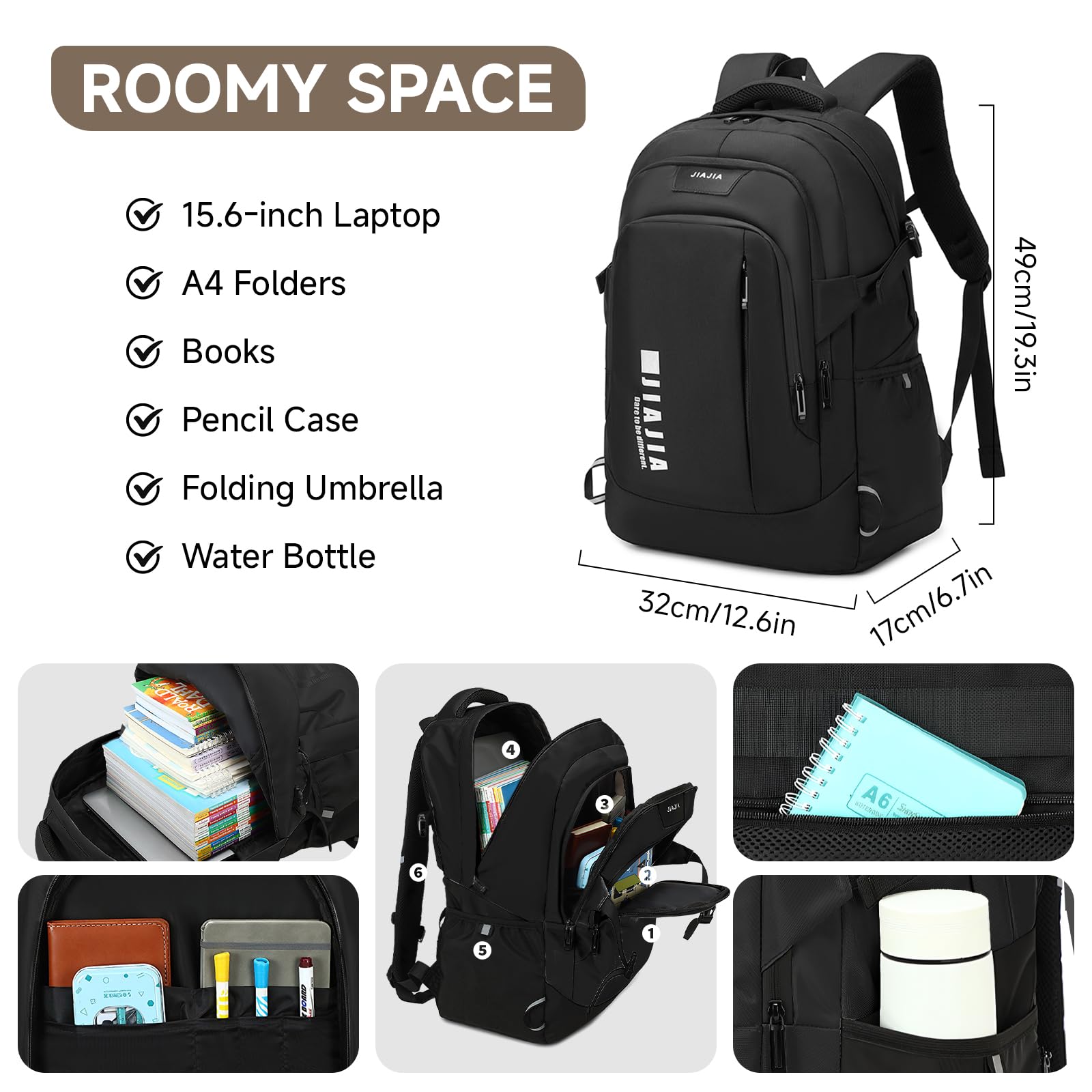 Amythe Schulrucksack Jungen Teenager mit 15,6" Laptopfach & Trolley-Gurt | Großer Rucksack Jungen, Wasserabweisender Schultasche für Oberstufe Universität, Tagesrucksäcke Reise, Schwarz