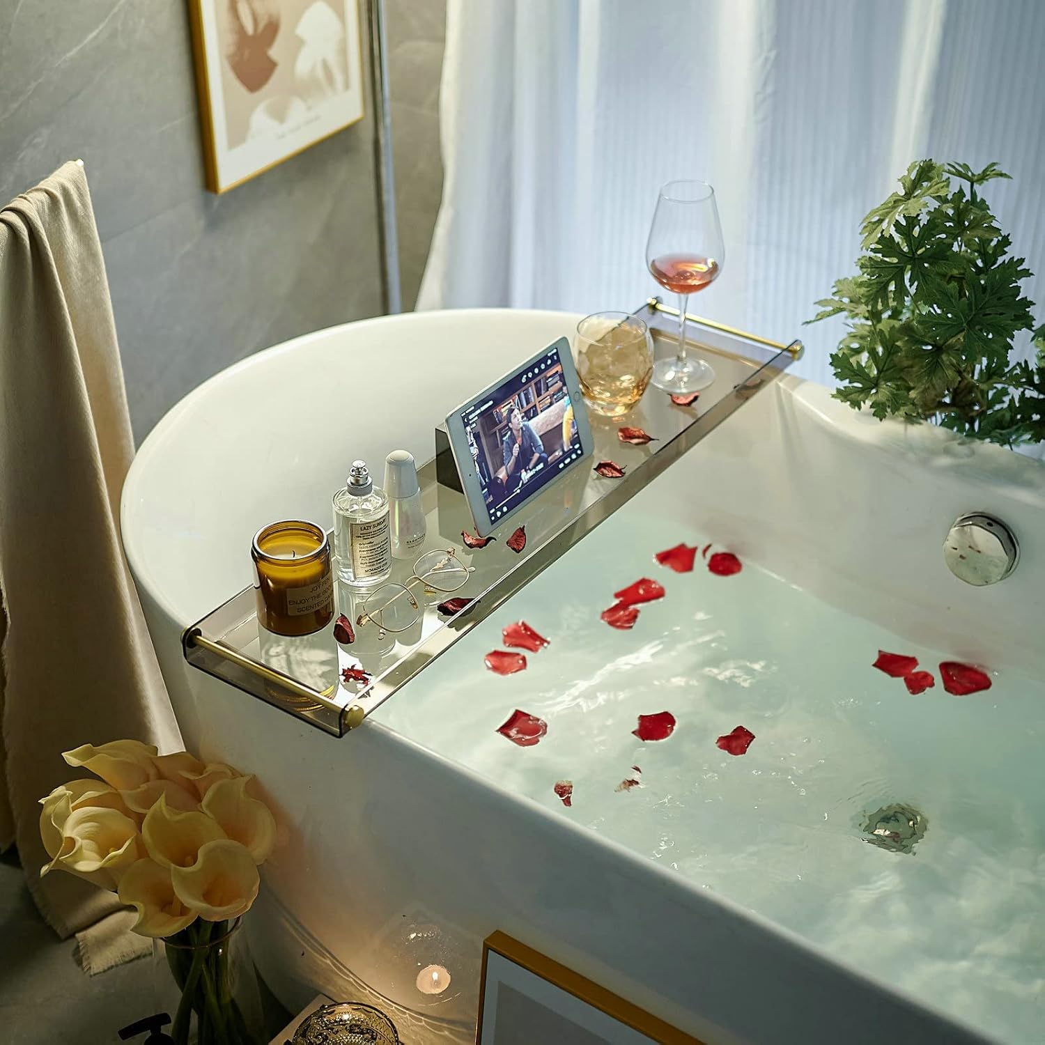 Bathtub Caddy Tray for Luxury Bathroom Bath tub Table Caddy Tray Shelf for Shower with Gold Handles fits