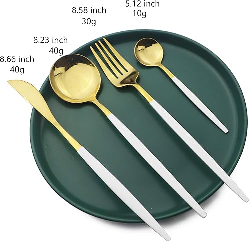 Miniatura 3 de Juego de cubiertos dorados con mango blanco, 24 piezas de acero inoxidable brillante, cubiertos para 6, aptos para lavavajillas