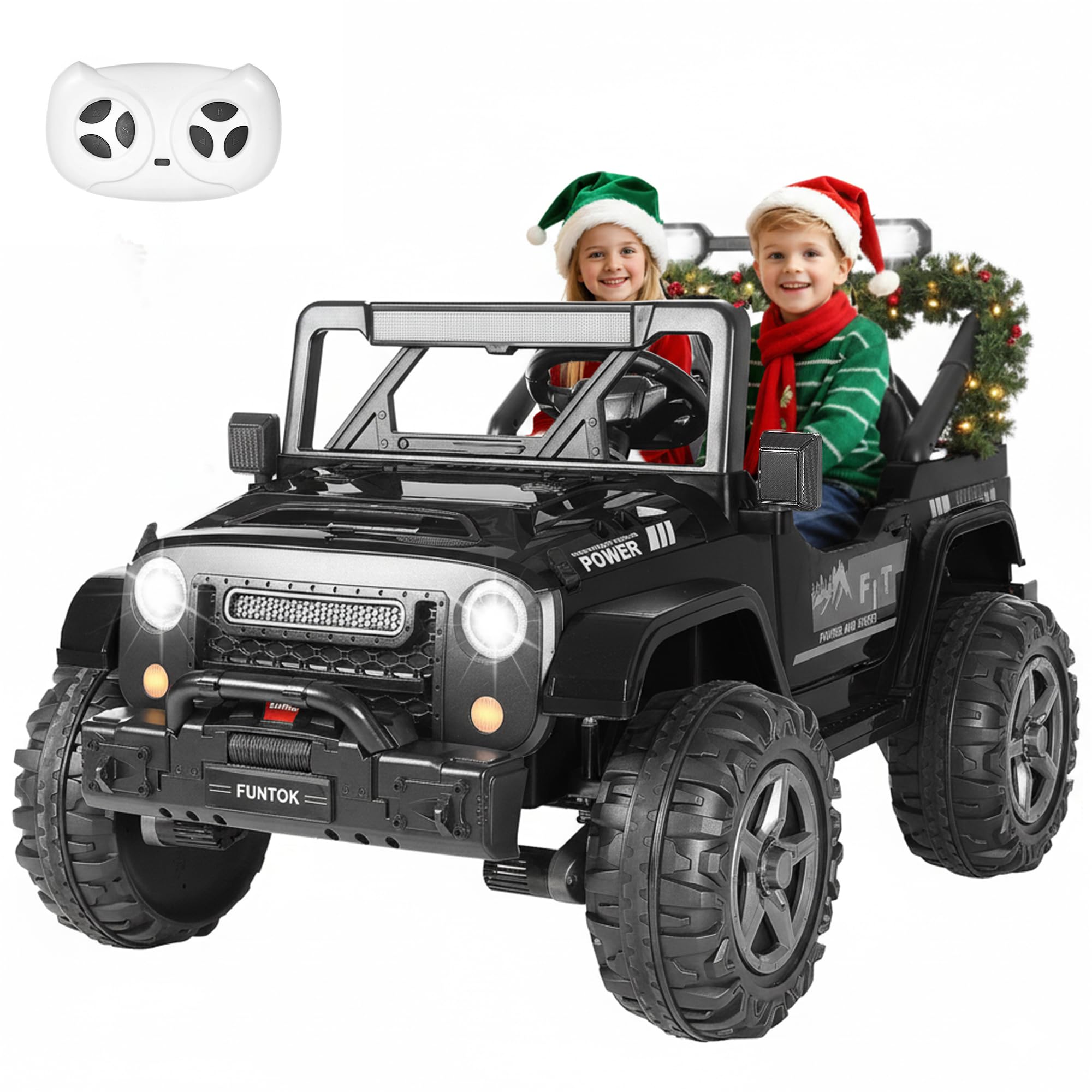 FUNTOK 24V 2 Seater Ride On Toys for Big Kids, XL 4WD Kid's Electric Vehicles w/Remote Control, 4x200W Motors, Max 5 MPH, 20'' Seat, Truck Bed Storage, Bluetooth, Drivable Cars for Kids Ages 3-8