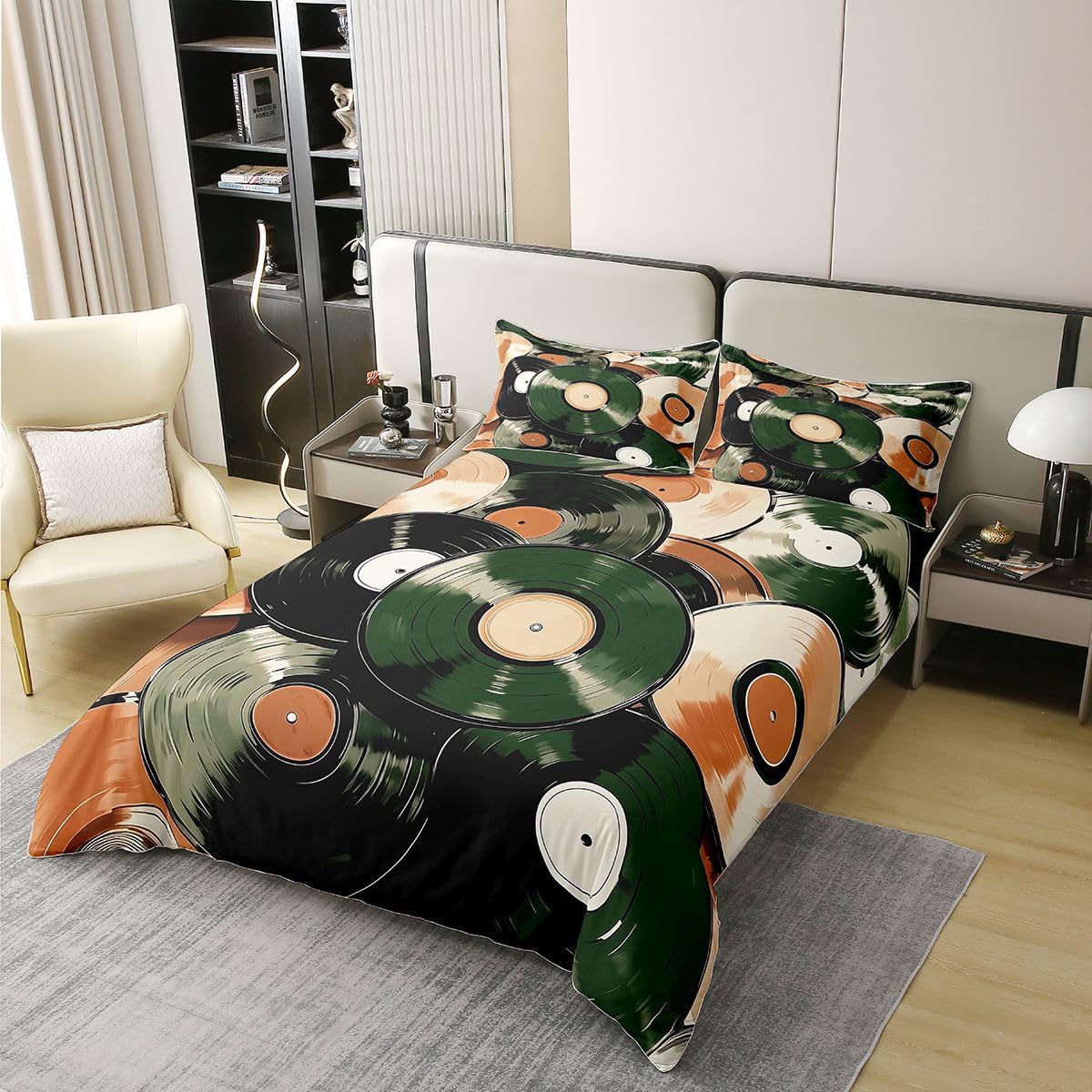 Homewish Set di biancheria da letto per letto super king size vintage con dischi in vinile retrò Art Coton copripiumino semplice e alla moda per amanti della musica
