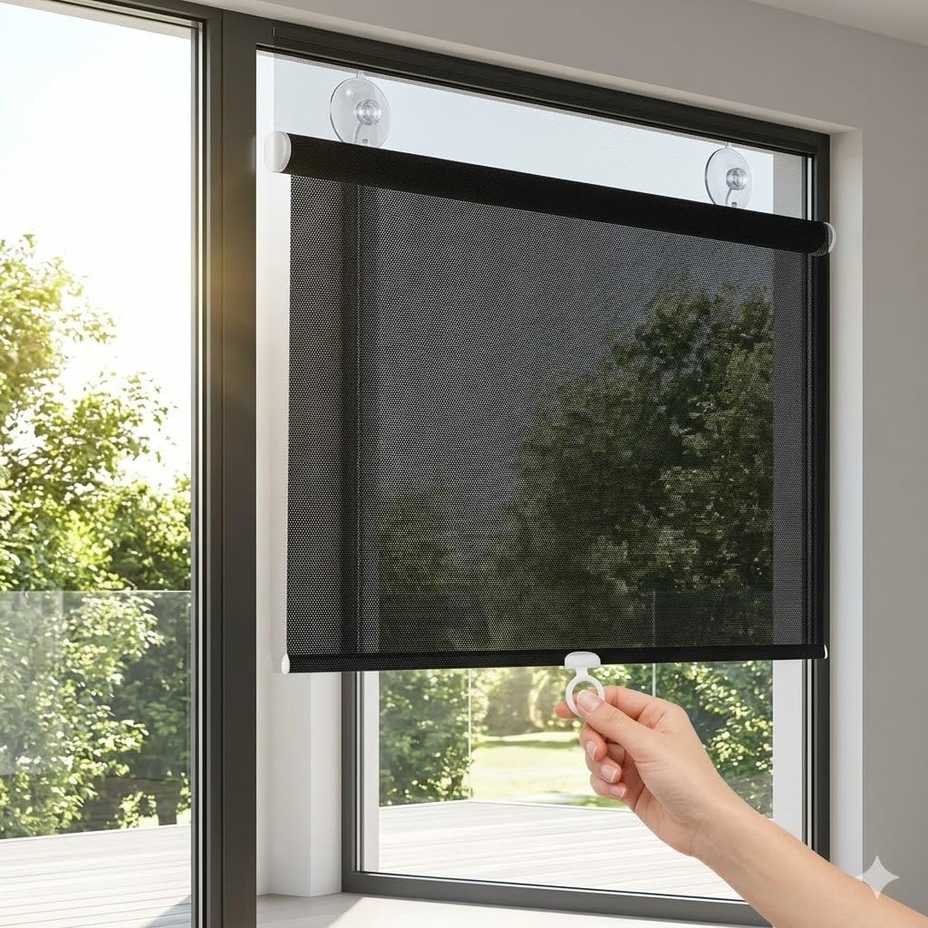 Verdunkelungsrollo ohne Bohren mit Saugnäpfen, Sonnenschutz Fenster innen, Sichtschutz Fensterrollo Saugnapf Verdunkelungsrollos, Einziehbarer Temporäre Jalousien für Küche(Schwarz,W75 x H165cm)