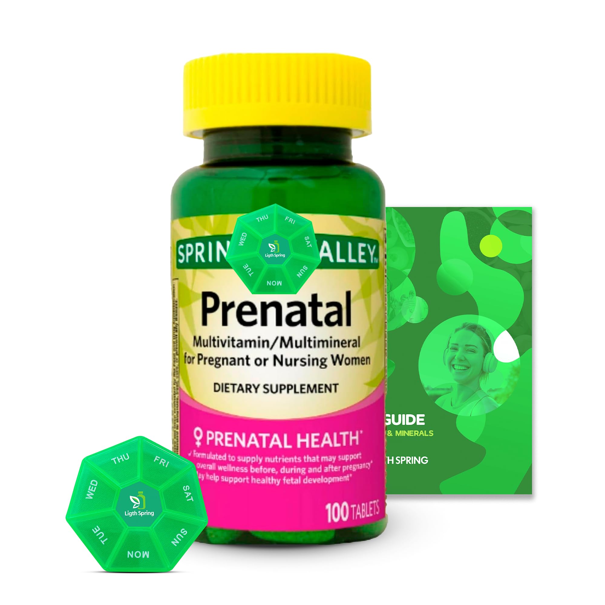 Prenatal Multivitamin/Multimineral 100 Tablets with Bundle Exclusive Vitamins & Minerals - A to Z -Better Ligth&Spring Guide + Weekly Pill Organizer (3 Items)