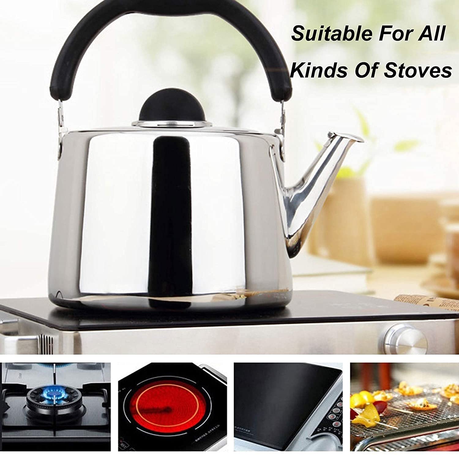 Hervidor de Agua silbante de Acero Inoxidable Extra Grueso y de Gran Capacidad, Ideal para cocinas de Gas, vitrocerámica, eléctricas y de inducción (Plateado, 7 l)