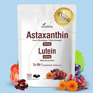 VivoNu 14-in-1 Astaxanthin 24mg & Lutein 40mg with Zeaxanthin Supplements, 6 Month Supply, Fresh Microalgae Source, Gluten Free Non-GMO, Supports Eye, Skin, Antioxidant, 180 Softgels, 1 Bag