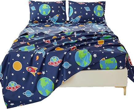 WINLIFE Kids 4-Piece Full Size Sheet Set Galaxy Spaceship Soft Deep Pocket | Soft and Breathable, Full Sheets for Teen Boys, Deep Pocket 16 Inch & Easy Fit