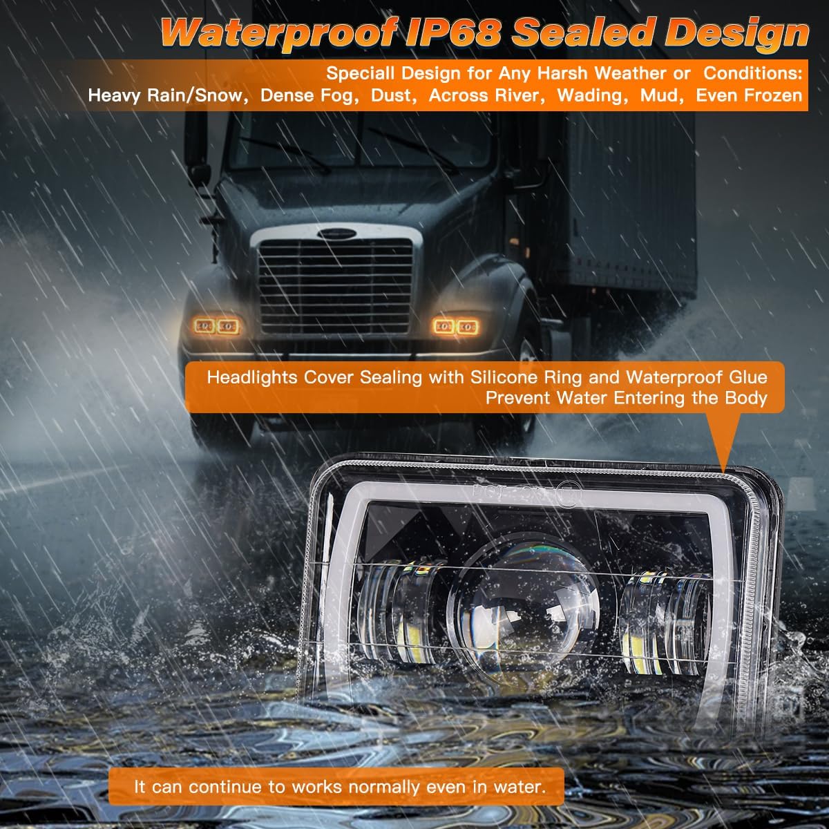 4x6 In LED Headlights DOT Approved 4PCS with White/Amber DRL Turn Signal Rectangle LED Headlight High Low Beam with H4651 H4652 H4656 H4666 H6545 H4668 for Truck Probe Kenworth Peterbilt