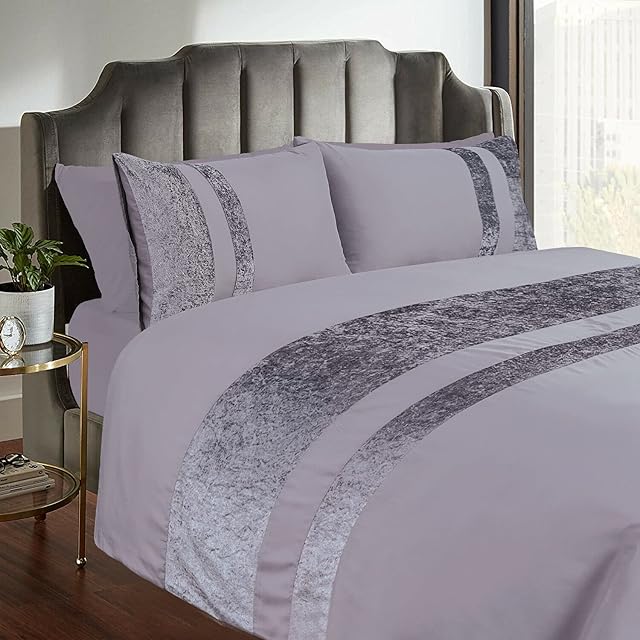 Casabella Luxury Crushed Velvet Panel Band Duvet Cover Sets with Pillow Case King Size Duvet Cover Bedding Set  Silver Crush Velvet King Duvet Cover Sets