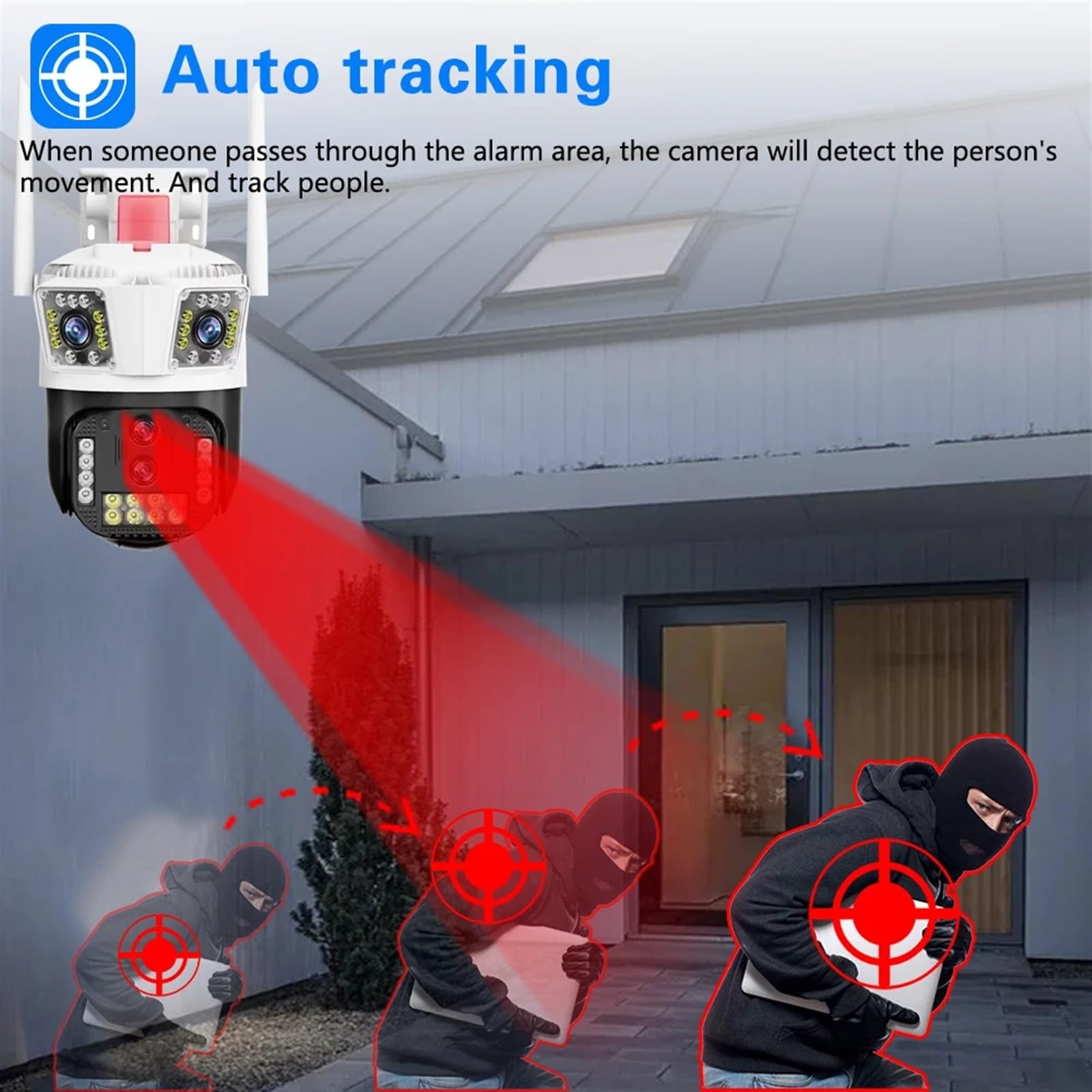 Telecamera di sicurezza, Telecamera PTZ a quattro obiettivi 8K 16MP IP a tre schermi AI Tracciamento umano di sorveglianza CCTV sicurezza esterna(8K Add 64G Card)