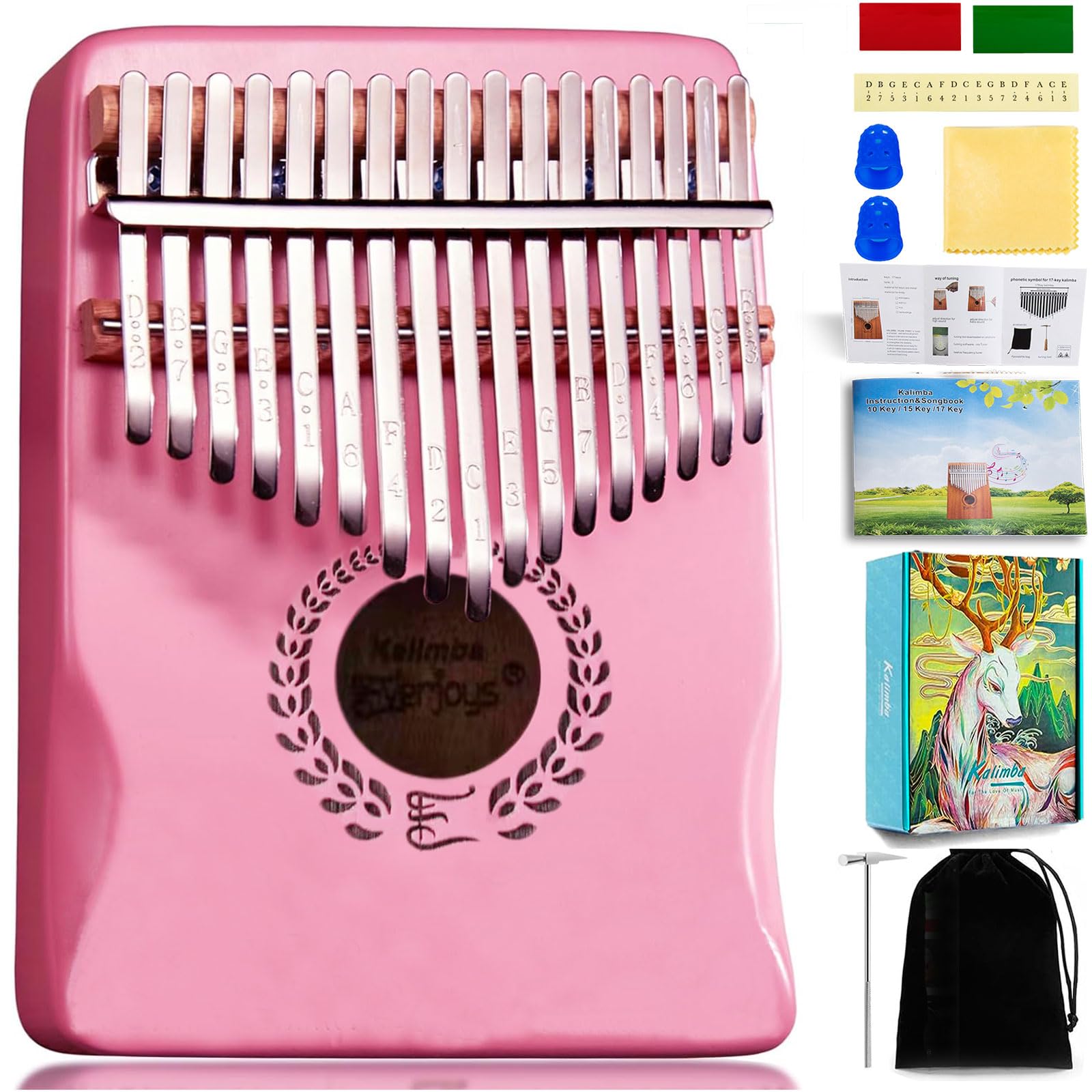 Everjoys Kalimba Daumenklavier 17 Tasten Professionelles Musikinstrument Finger Marimbas mit tragbarer Tasche aus weichem Stoff Schnelles Liederbuch Stimmhammer All in One Kit