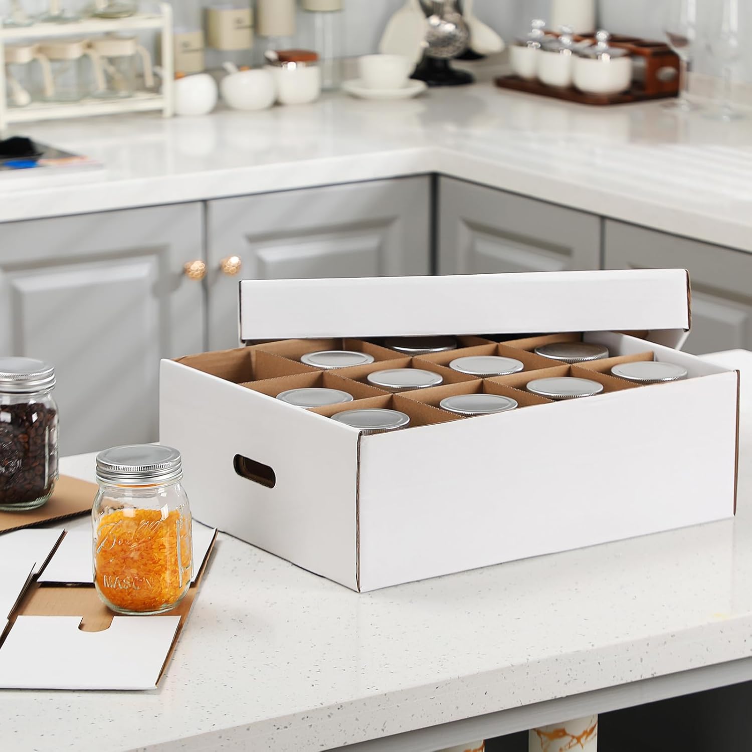 Menkxi 3 Pcs Mason Jar Storage Boxes 16 oz Regular or Wide Mouth Canning Boxes with Handles and Dividers 12 Cells Mason Jar Storage Organizer for Stacking (White Color)