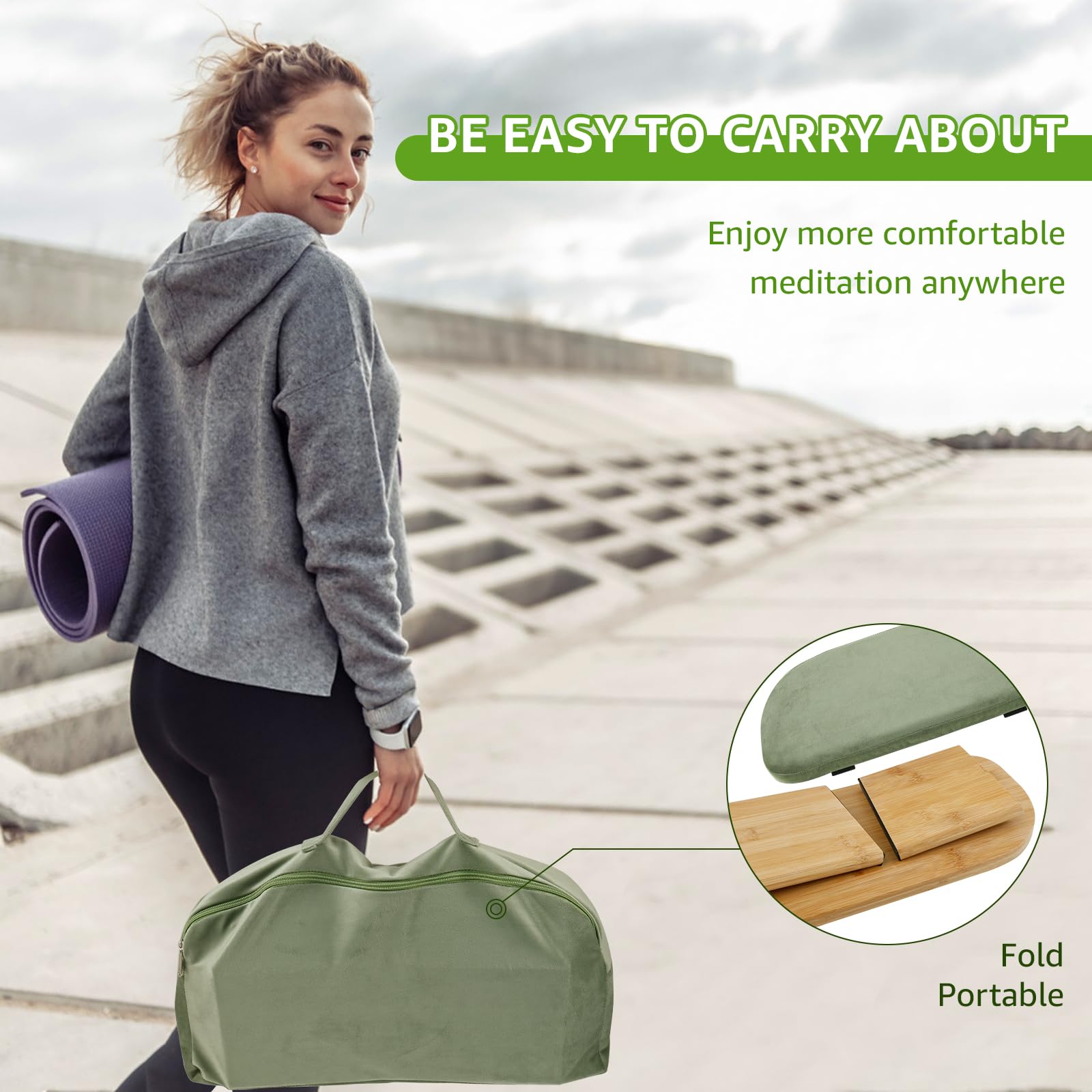 Meditationsbank,klappbarer Meditationshocker aus Bambus,Yoga Hocker mit Kissen,ergonomische Meditationsstuhl,Yoga Stuhl für spirituelle Momente im Alltag(Grün)