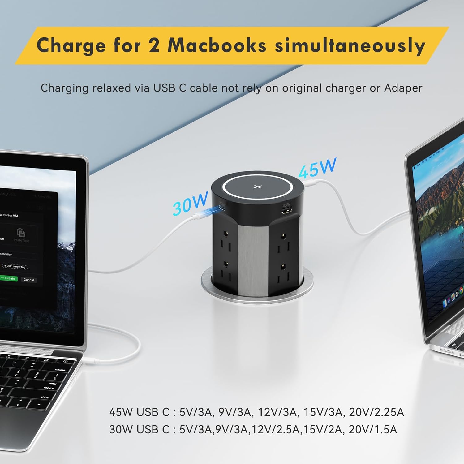Kungfuking Pop Up Outlet for Countertop Kitchen, 15W Wireless Charger, 75W USB C Counter Top Electrical Power, 8 Outlets & 4 USB Ports, 4" Hole Recessed Popup Outlet for Island Conference Table