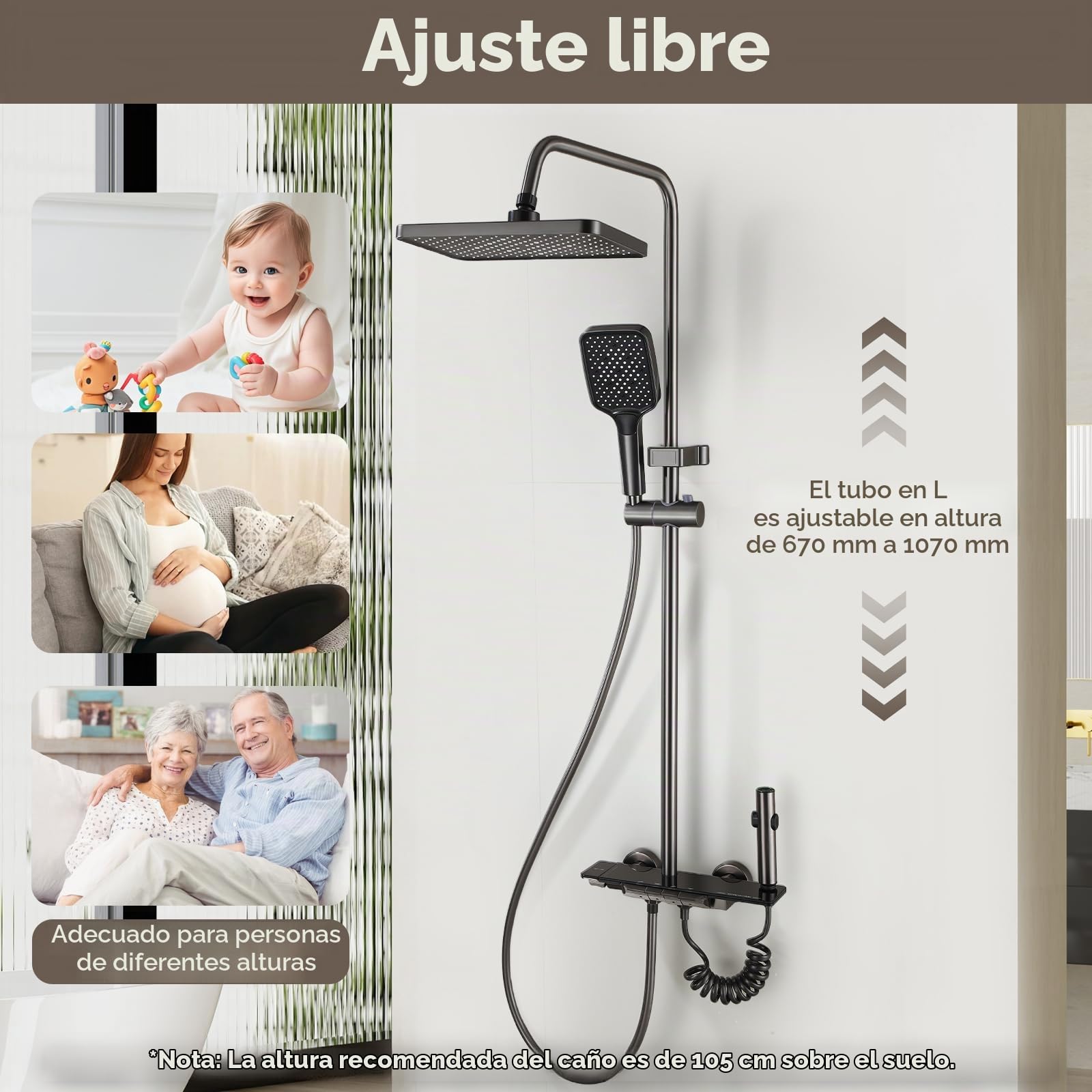Columna de Ducha Negro con 4 Botones de Piano, Sistema de Ducha con Rociador de Lluvia y Ducha de Mano, Conjunto de Ducha Ajustable en Altura 67-107cm para Baño-D5