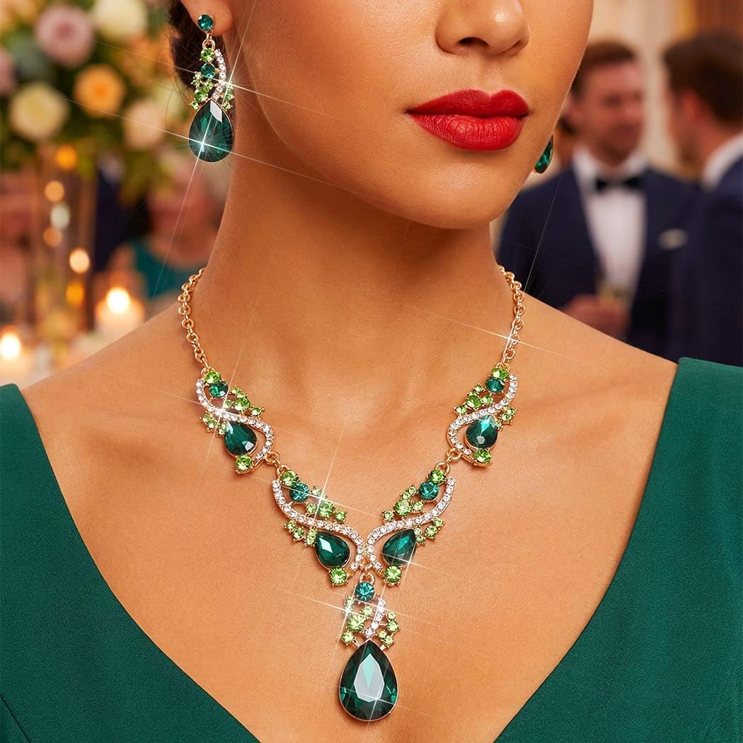 Aukmla Prom Jewelry Sets Rhinestone Necklaces and Earring Set Crystal Wedding Costume Jewelry for Brides and Women - Image 3