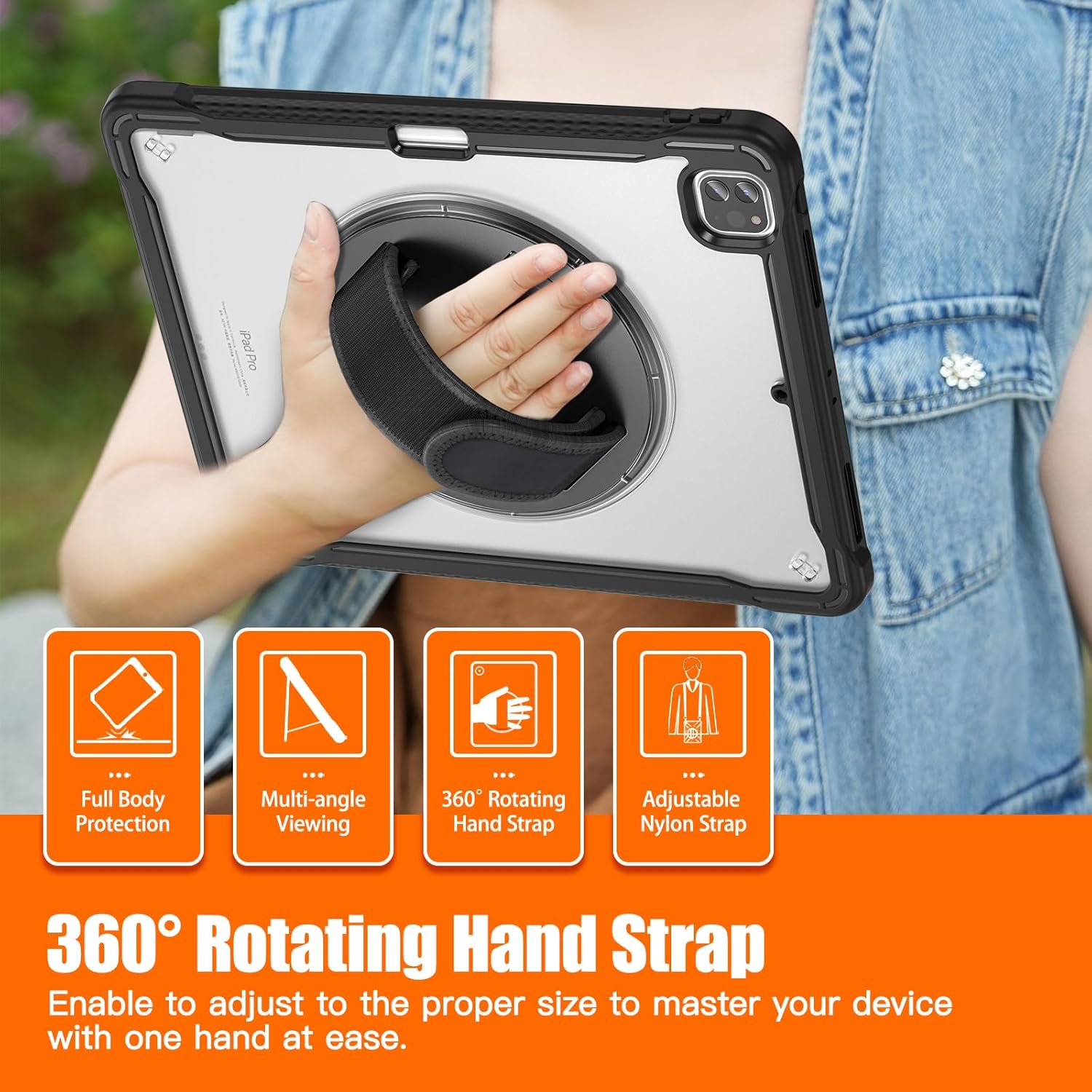 case for iPad Pro 12.9 inch 2022,2021,2020&2018(6th,5th,4th&3rd Generation) with Pen Holder Portable Hybrid Shock-Proof Cover,360°Swiveling Stand&Hand Strap. (Black)