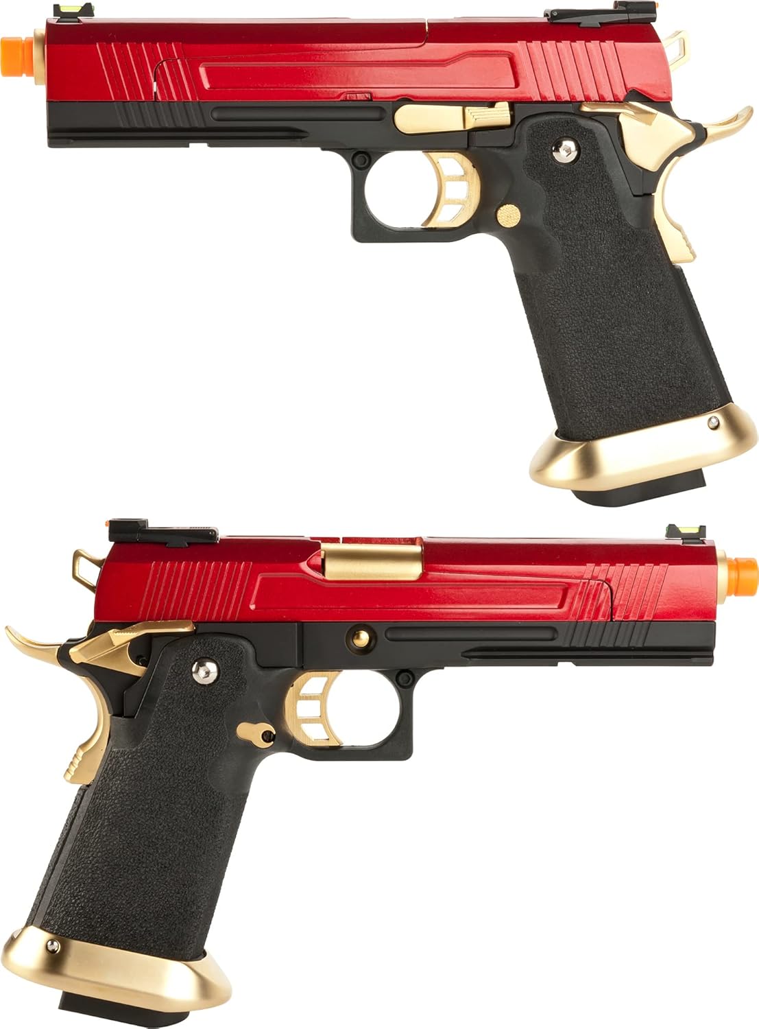 Evike Airsoft - AW Custom Split Frame Hi-Capa Competition Grade Gas Blowback Airsoft Pistol (Color: Gold/Red)