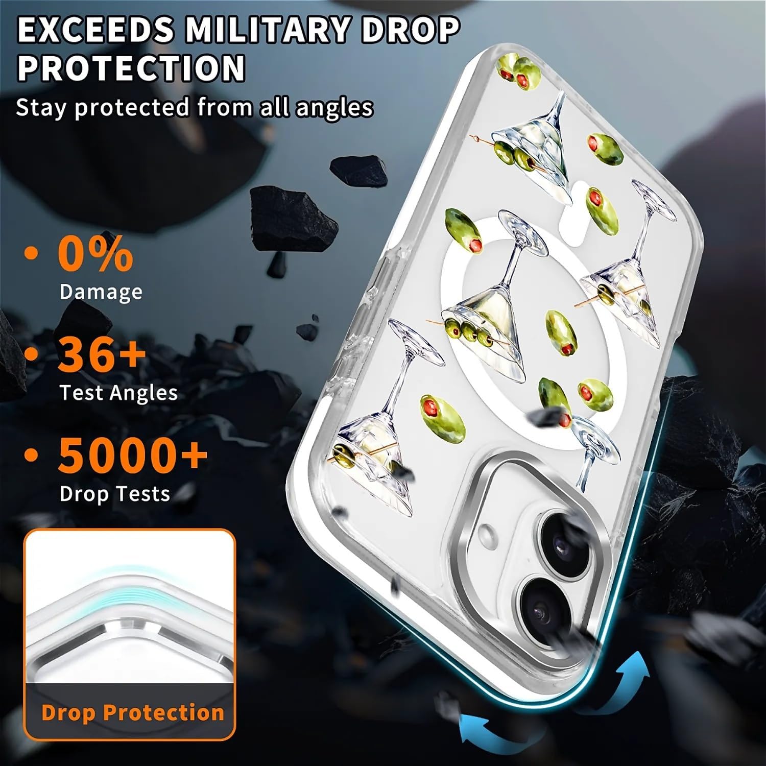 Case for iPhone 16, Compatible with Magsafe, Full Camera Protection Clear Case for Girls Women, Shockproof Protective Magnetic Cover - Martini Cocktail