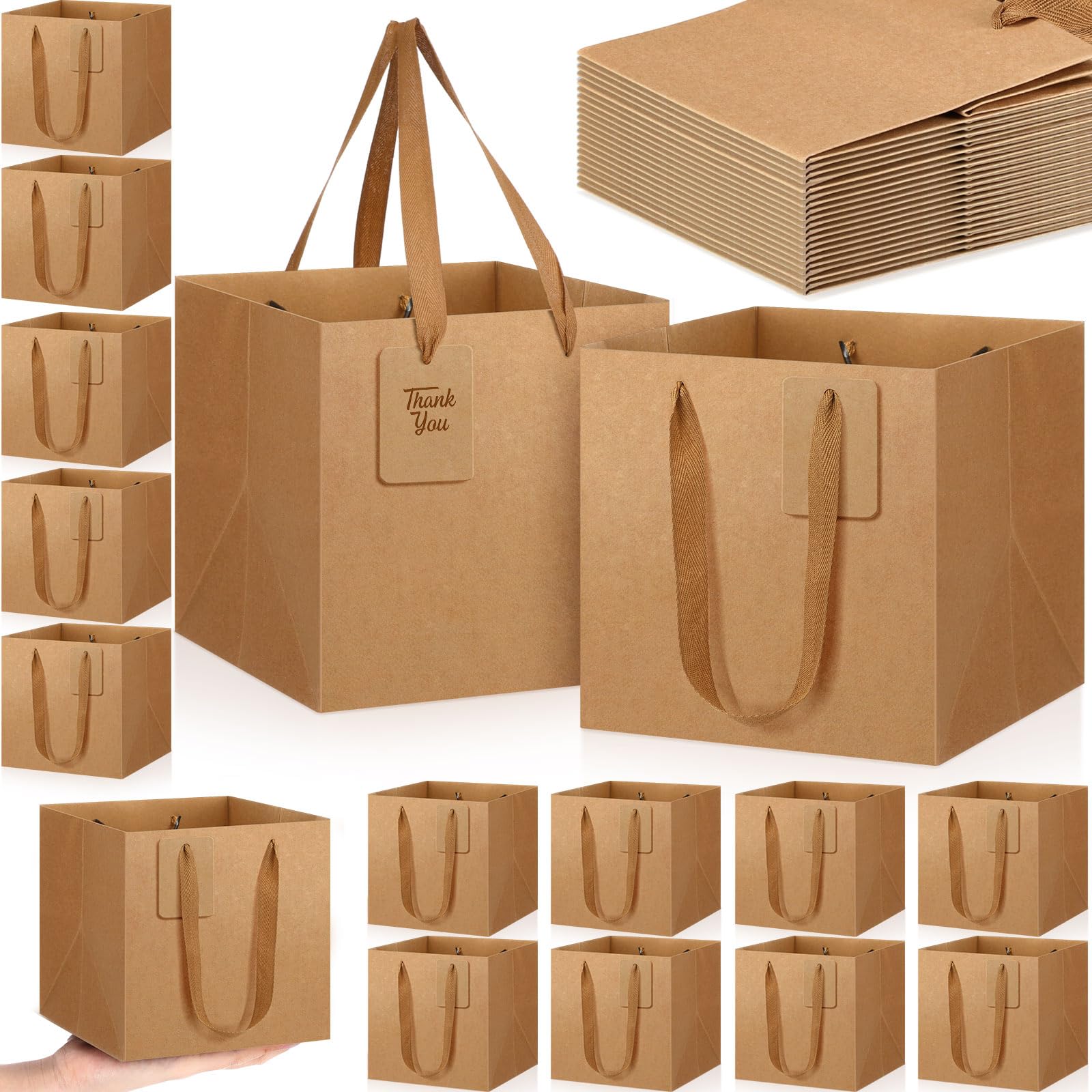 Windyun 25 bolsas de regalo cuadradas de papel con asa de 8 x 8 x 8 pulgadas, bolsa pequeña con etiqueta de agradecimiento para el día de San Valentín, cumpleaños, boda, despedida de soltera, dama de