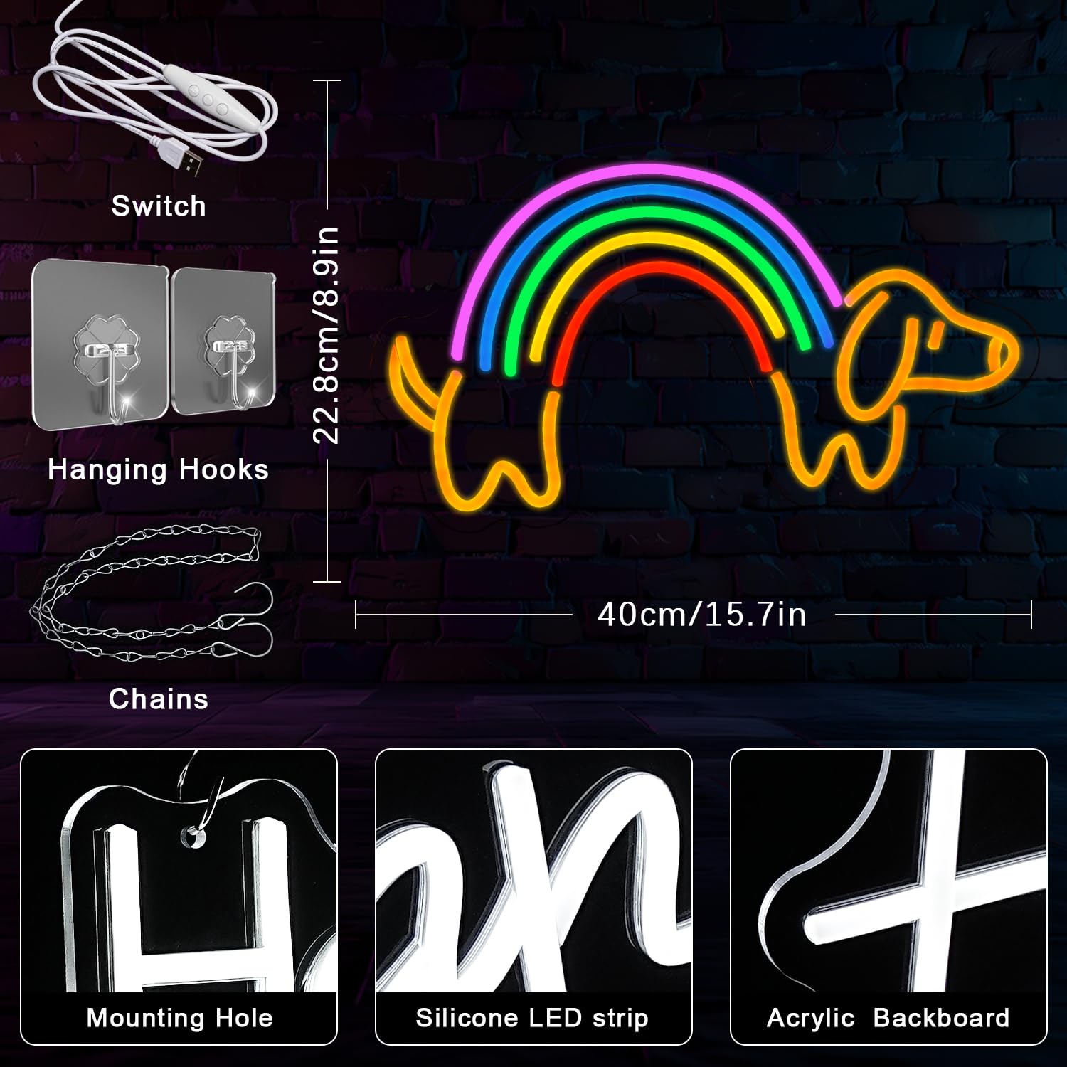 LMSIGNLY Dachshund Neon Sign for Wall Decor Dimmable Dog Neon Light Cute Puppy Neon light Sign Rainbow Light Signs for Pet Shop Kid Room Bedroo Dog Lovers Pride Gifts Christmas Decor - Image 2