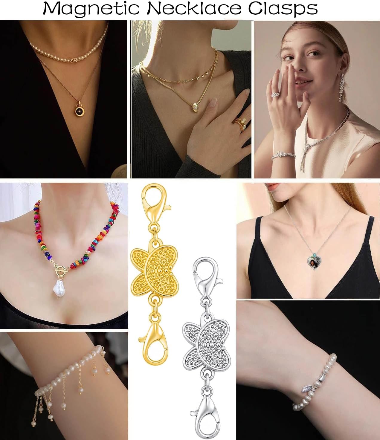 Butterfly Magnetic Necklace Clasp with Lobster Clasp, Gold and Silver, for Bracelet and Necklace Extender Closures, 4 Pack (4pcs Gold Silver)