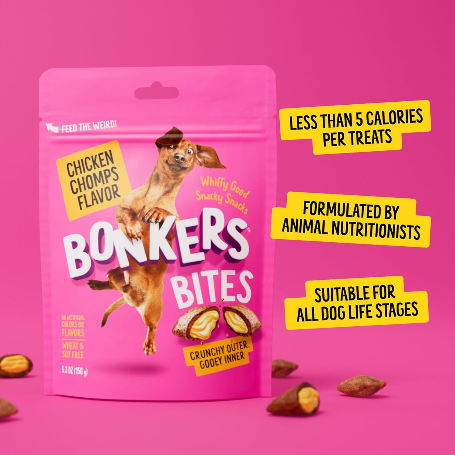 Bonkers Dog Bites, Crunchy & Soft Chicken Chomps Flavor Treats, Low Calorie, Training or Food Topper, 5.3 oz / 150g Resealable Bag for All Breeds and Ages, Value Pack (6 Pack)