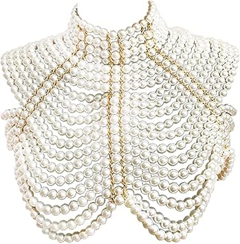 Pearl Beaded Body Chain Necklace for Women Adjustable Tassel Pearl Bra Shoulder Jewelry Body Chain for Party Wedding Show Banquet Cosplay Dress Accessories,White