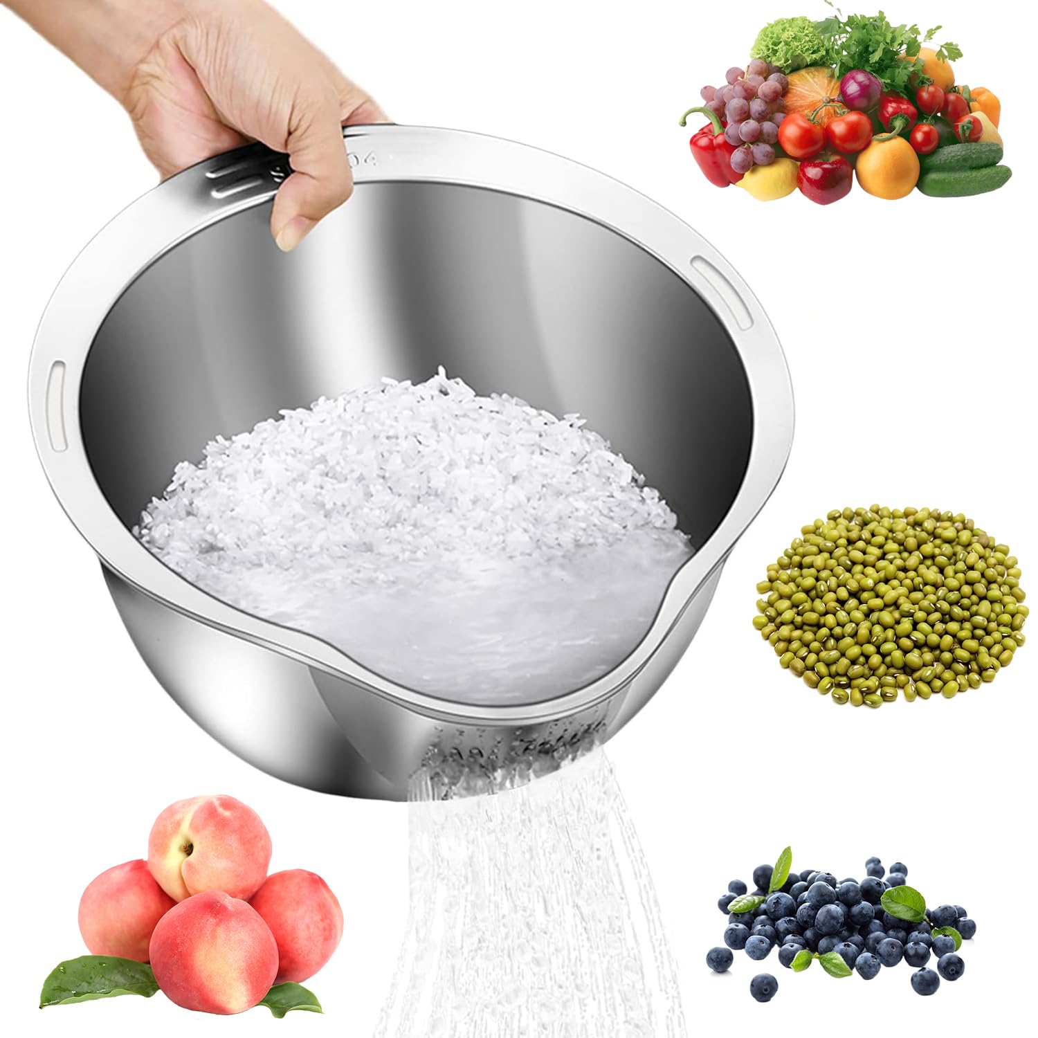 Rice Washer Strainer Bowl - 4-in-1 Washing Bowl for Quinoa, Stainless Steel Rinser With Side Drainers Small Colander for Cleaning Fruits, Vegetables, and Beans - Versatile Kitchen Tool