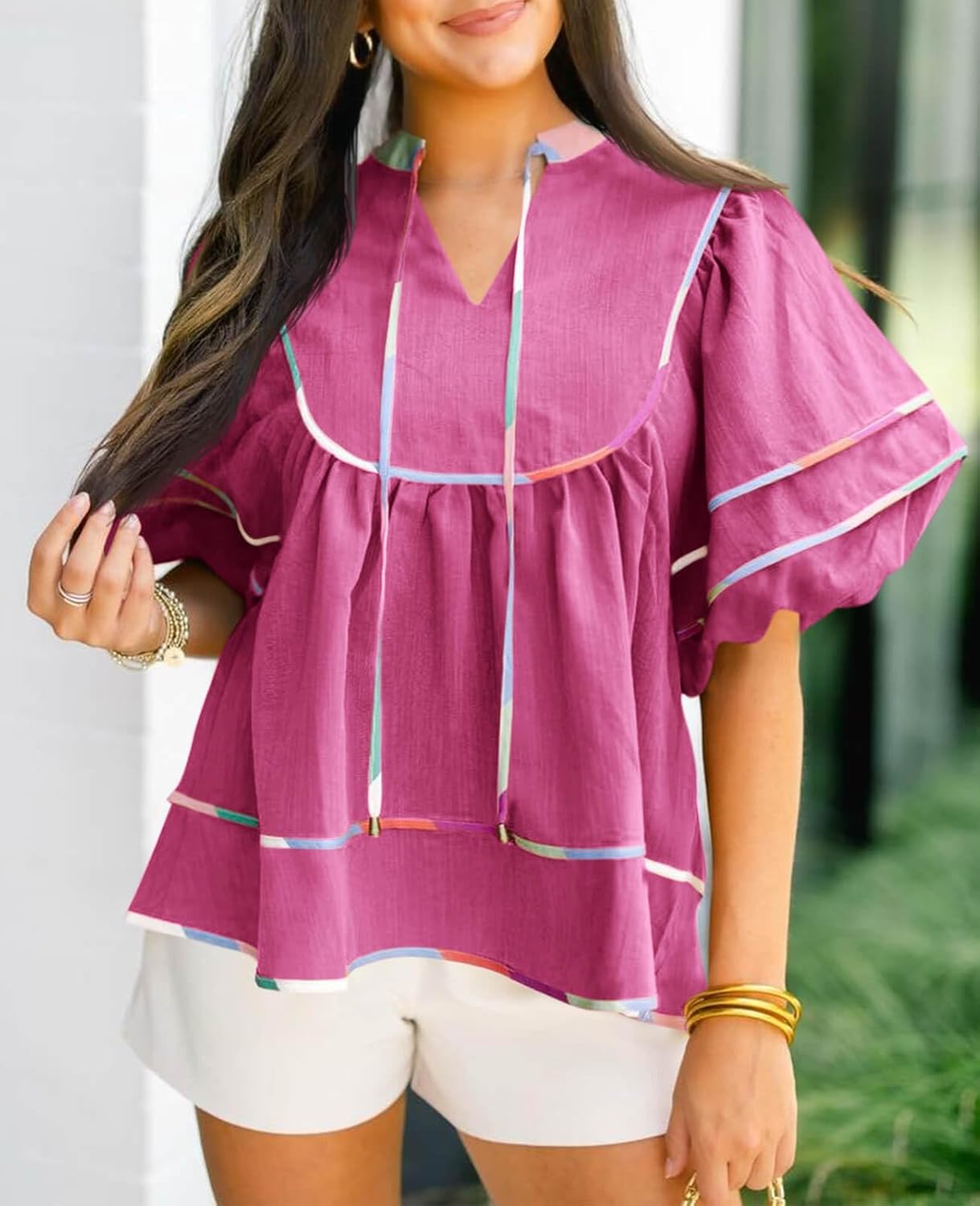 Cicy Bell Womens Summer Babydoll Tops V Neck Short Lantern Sleeve Shirts Cute Loose Fit Peplum Flowy Blouses - Image 3