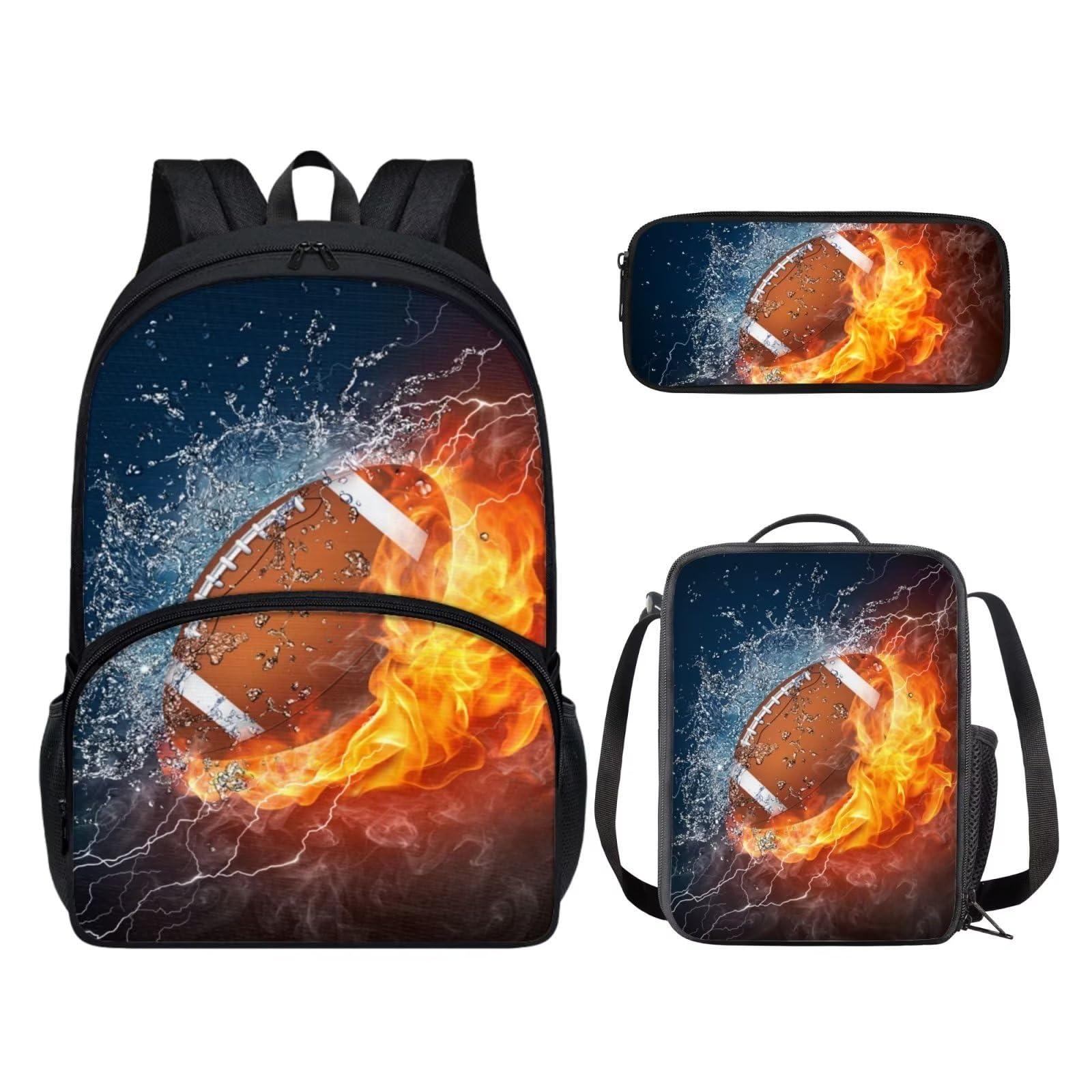 POLERO Juego de 3 bolsas escolares con impresión 3D para el almuerzo, estuche para lápices, Rugby, Talla única, Mochila infantil