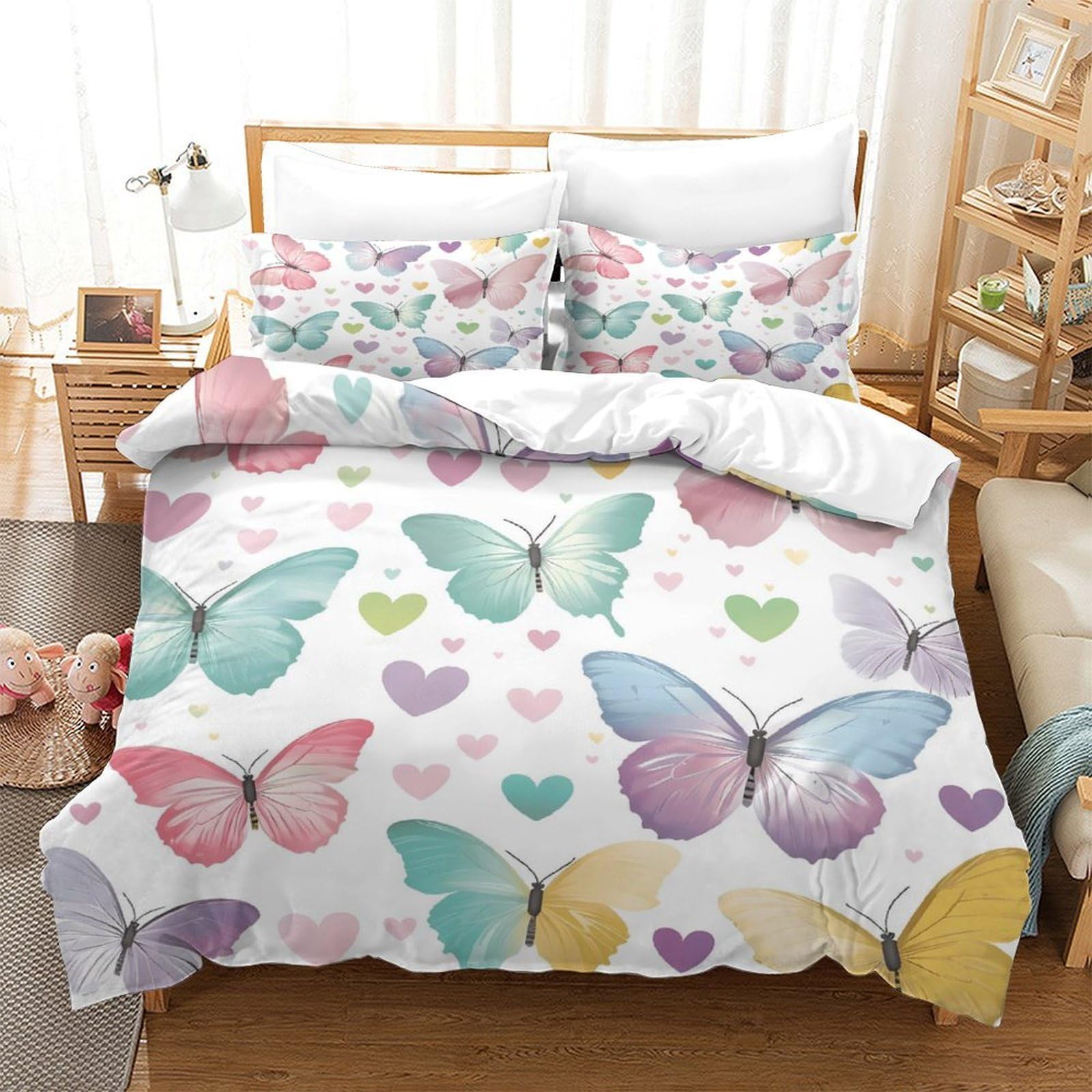 Schmetterling Design 3-teiliges Reines Polyester Pastell bunter Stil Bettbezugset, Versteckter Reißverschluss, Für Kleinkinder, Babysicher & Gifffrei, Pflegeleicht King（220x240cm）