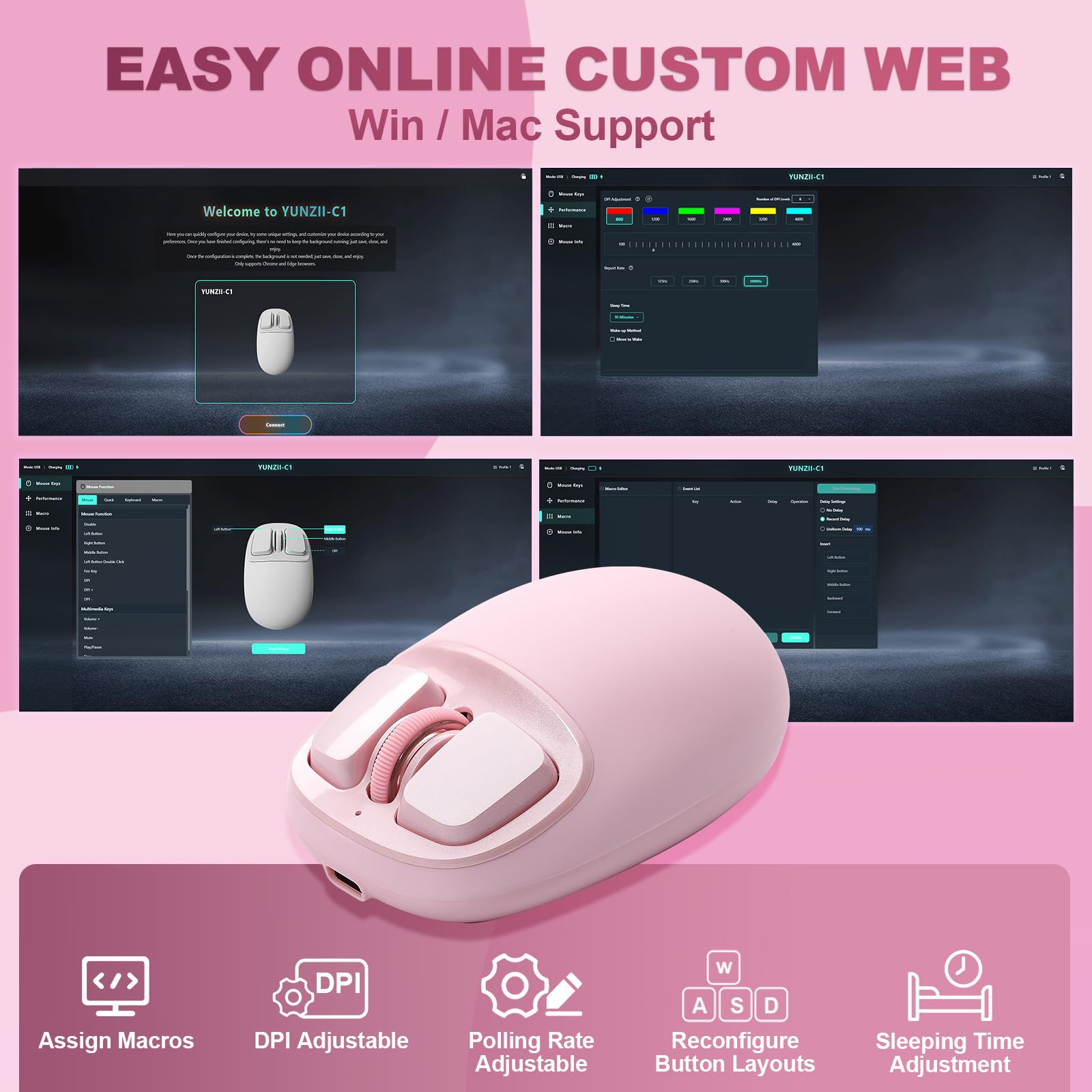 YUNZII C1 Siliconyowa Bezprzewodowa Mysz, 4800 DPI Śledzenie Optyczne, 6 Poziomów Regulacji, Tryb Potrójny 2,4 GHz/USB-C/Bluetooth, Konfigurowalna Mysz do Laptopa, Komputera, iPada (Różowy)