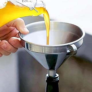 Stainless Steel Kitchen Funnel, Multi-Use Premium Metal Food-Grade Cooking Funnels with 2 Removable Strainer Filter for Liquid or Dry Ingredients, Oils, Spices, Powder & Cleaning Brush (4.1")