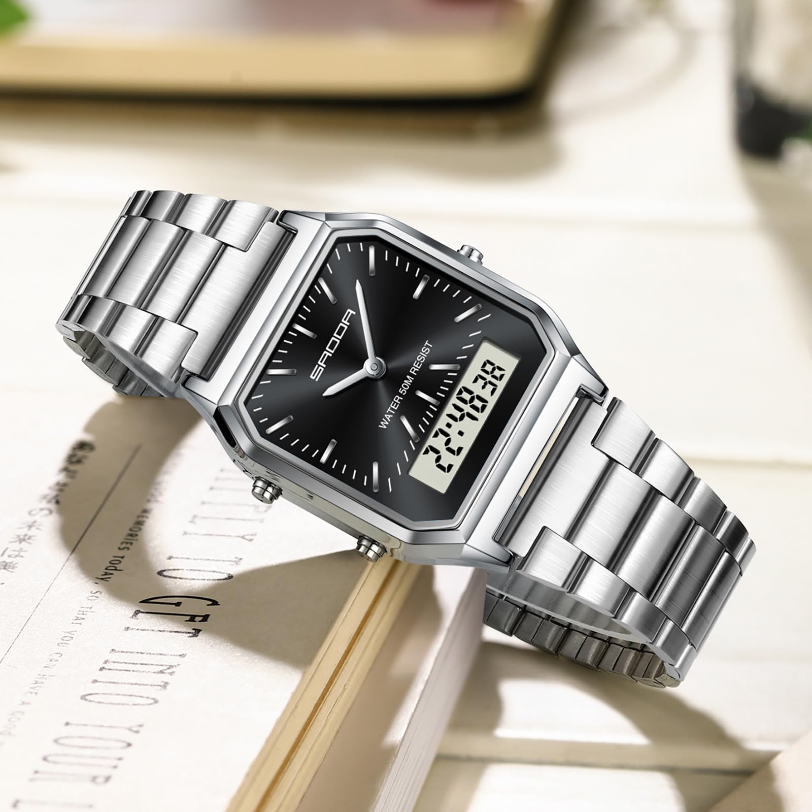 findtime Uhren Damen Herren Retro Business Klassische Quadratische Armbanduhr Edelstahlarmband Analog Digital 5ATM Wasserdicht LED Datum Wochentag DREI Zeitzonen Luxus Uhr