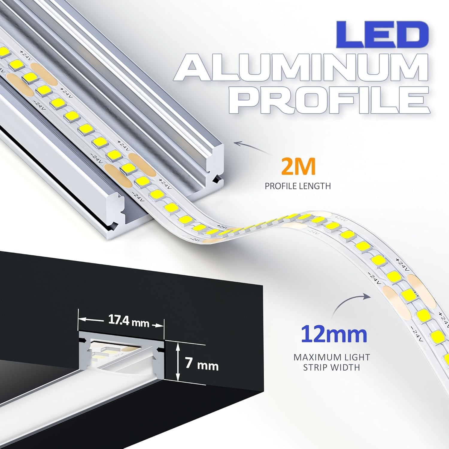 LED Profil 12 x 2m U-Form Aluprofil mit weißer Abdeckung,Endkappen & Montageclips Alu Leiste für Lichtstreifen bis 12mm Led Profile Schiene Kanäle Leiste Diffusor