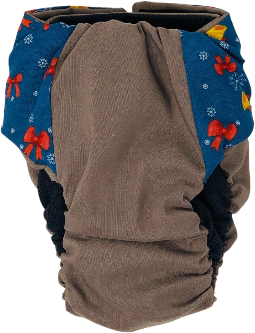 Gold Jingle Bells on Brown Premium Waterproof Dog Diaper, XXL, Without Tail Hole - Made in USA